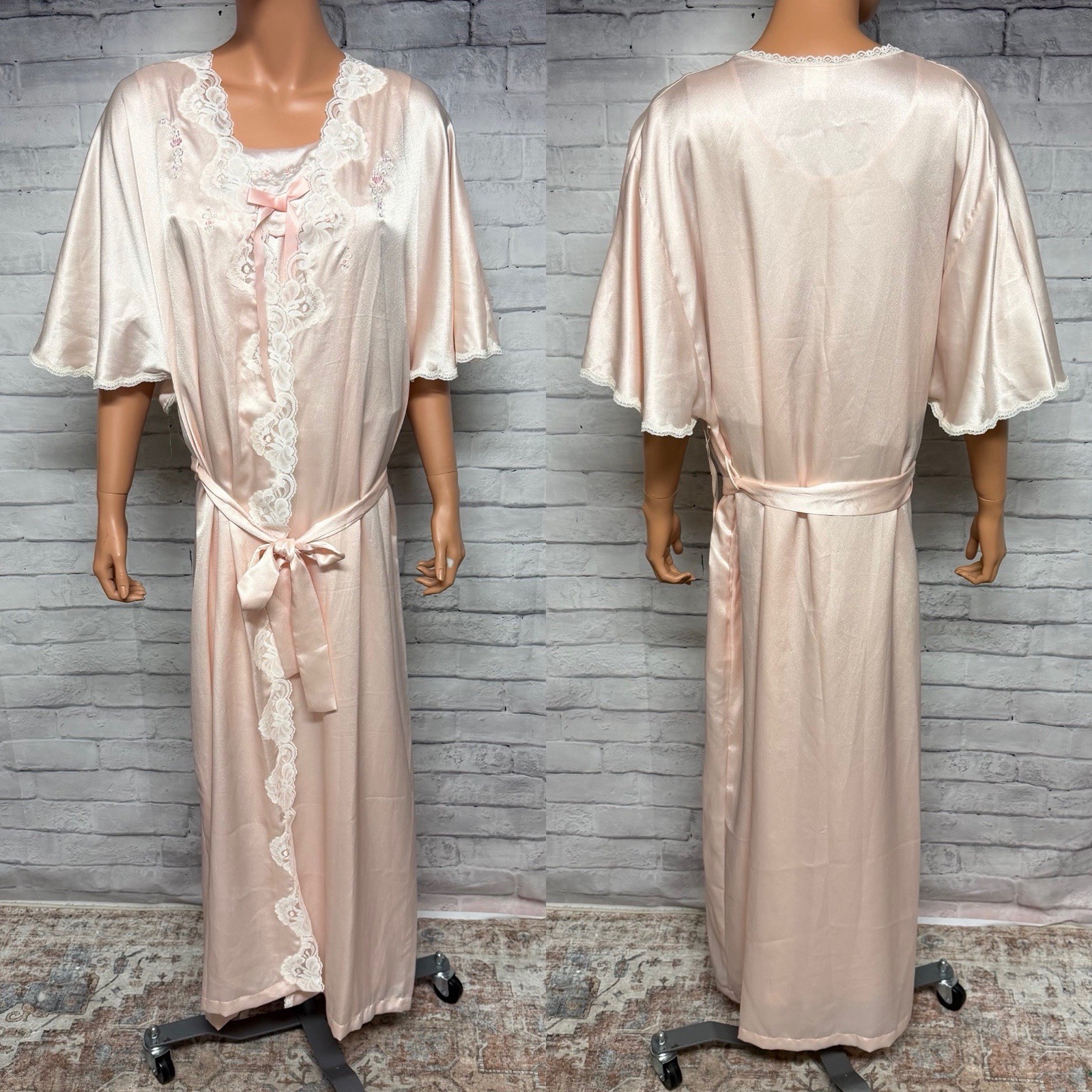 Barbizon Nightgown Robe Set M/L Pink Floral Embroidered Ribbon Bow Cottagecore