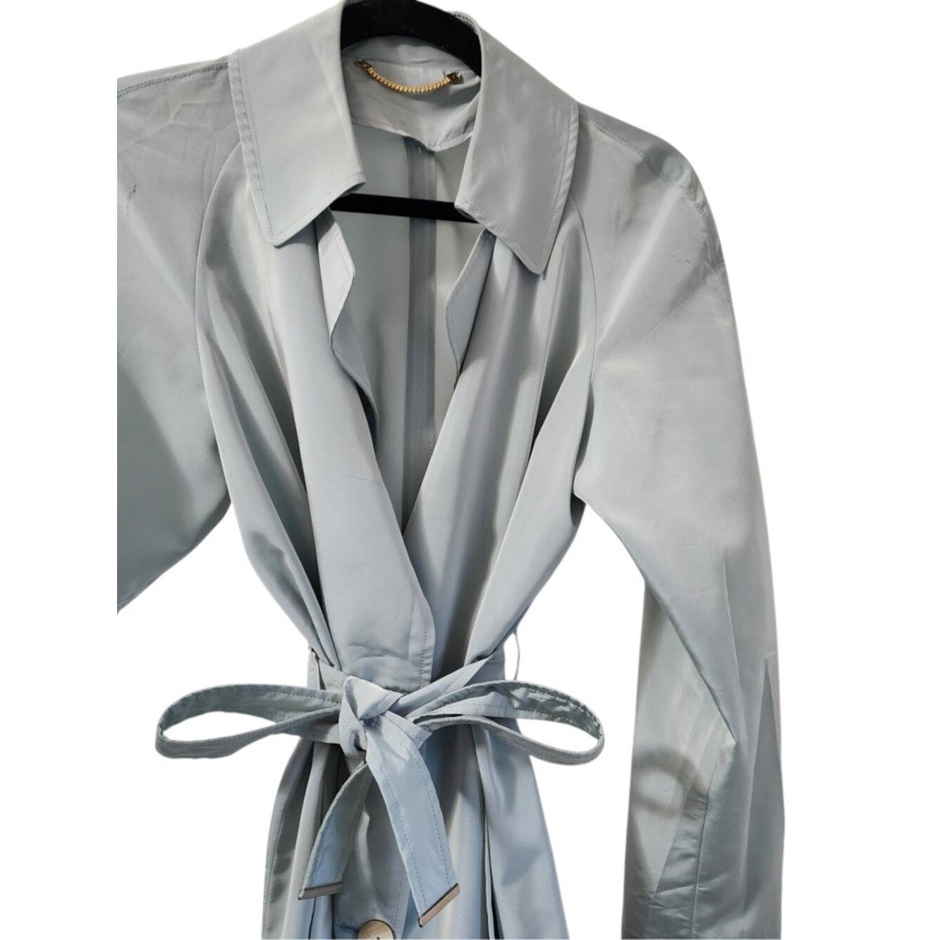 Vintage Silvery Blue Satin Trench Coat Women’s Lightweight Belted Duster Jacket