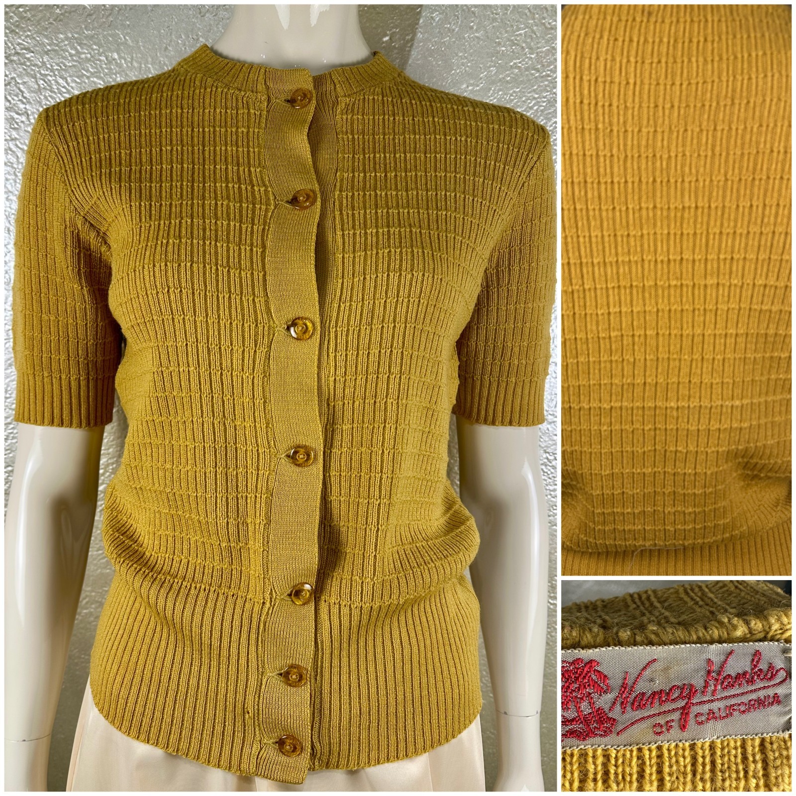 Vintage 1950s Ladies NANCY HANKS California Mustard Yellow Waffle Knit Cardigan