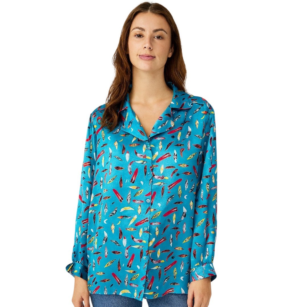 Vintage Da Rue 80s Teal Feather Print Satin Button Down Blouse – Size 14