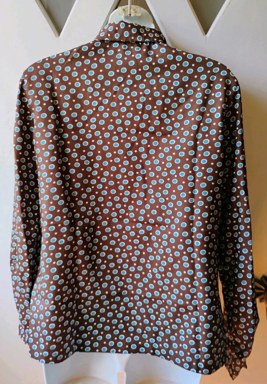 VTG 70’s „LUCKY WINNER” Brown & Blue Geometric Dagger Collar L/S Blouse 11/12