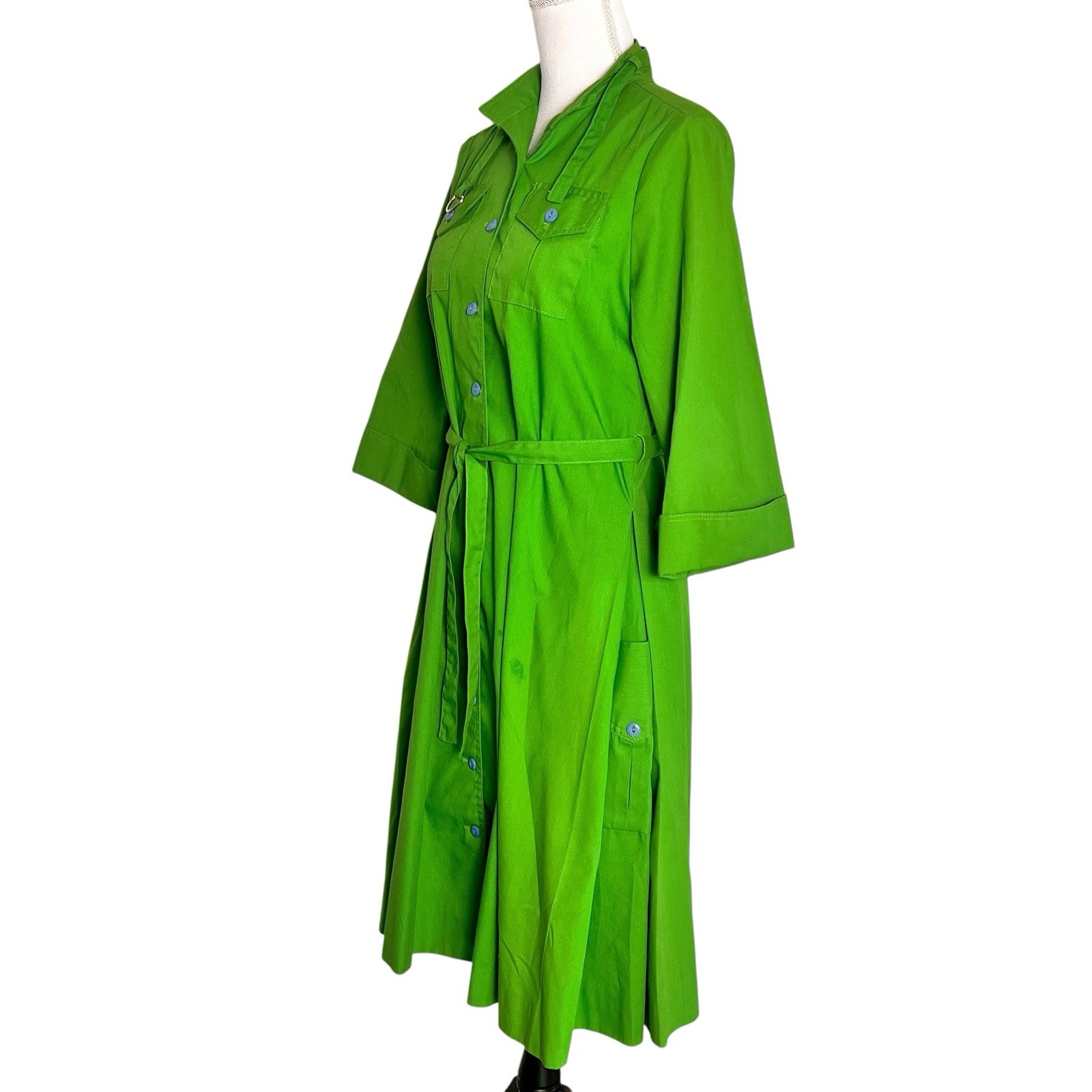 Vtg 1980s Alan Kan Green Shirt Dress Belted Button Front Pockets A-Line Mod M/L