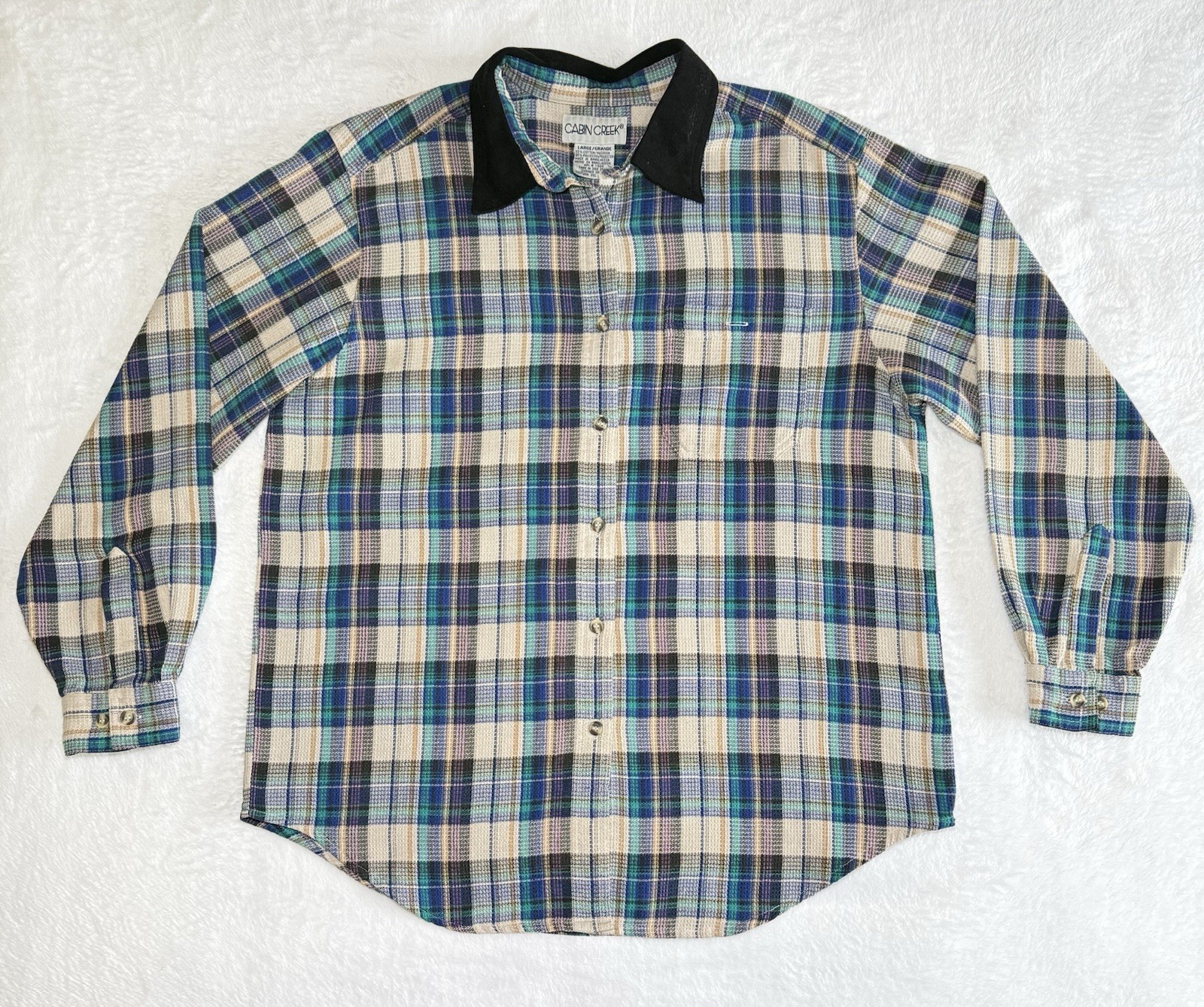 Vintage 90s Cabin Creek Plaid Button Up Shirt Black Contrast Collar Women Size L