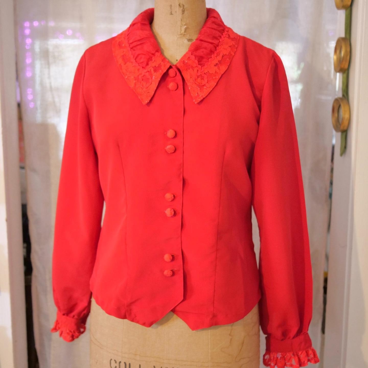 Vintage 60s OLEG CASSINI Burma Mod Red Blouse Top Lace Organza Portrait Collar M