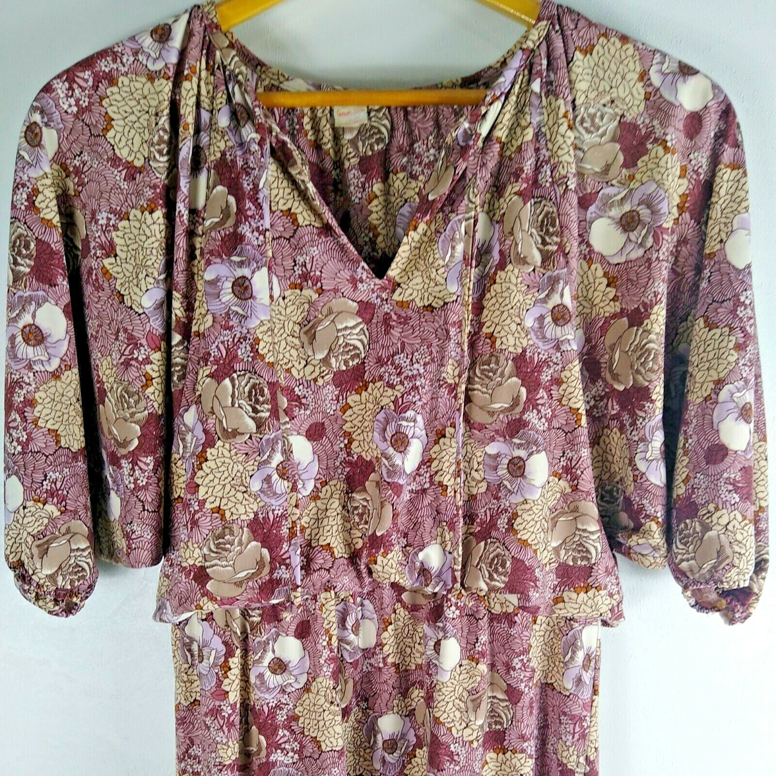 Womens Vintage Cottagecore Dress Floral Dolmen Sleeve Midi Elastic High Waist 13