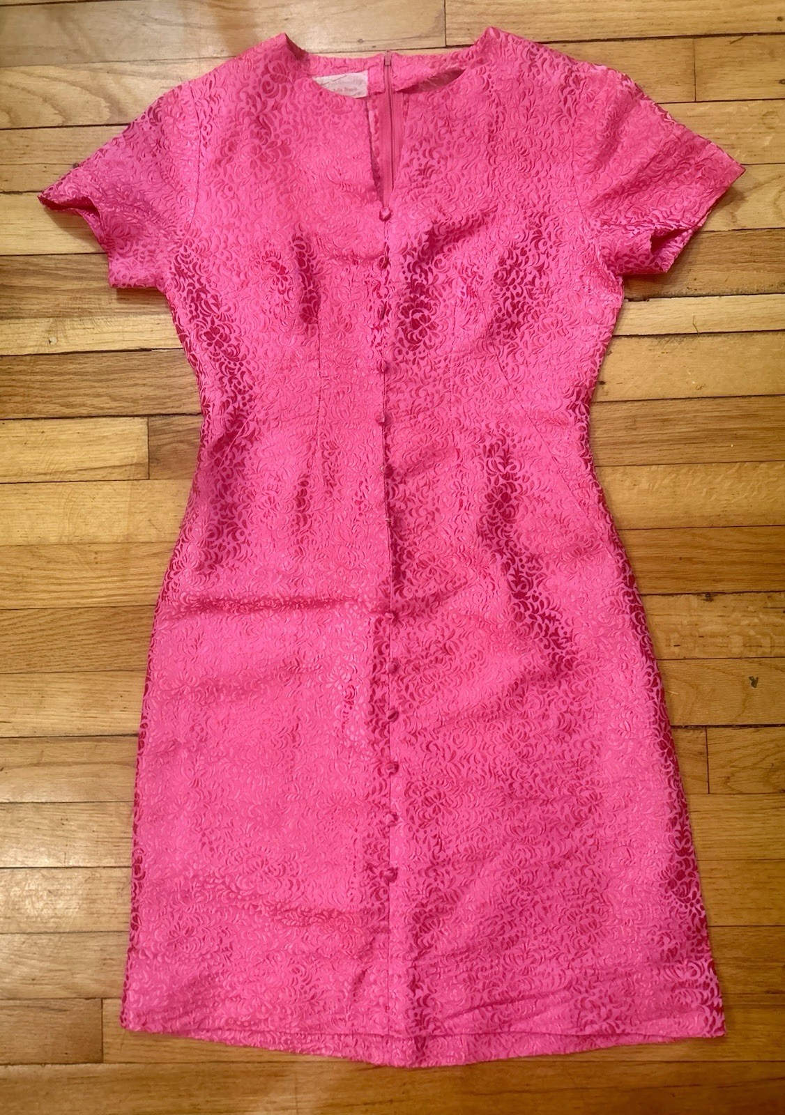 Vtg 50s 60s Handmade Hot Pink Jacquard Mod Go Go Cocktail Shift Mini Dress SZ S