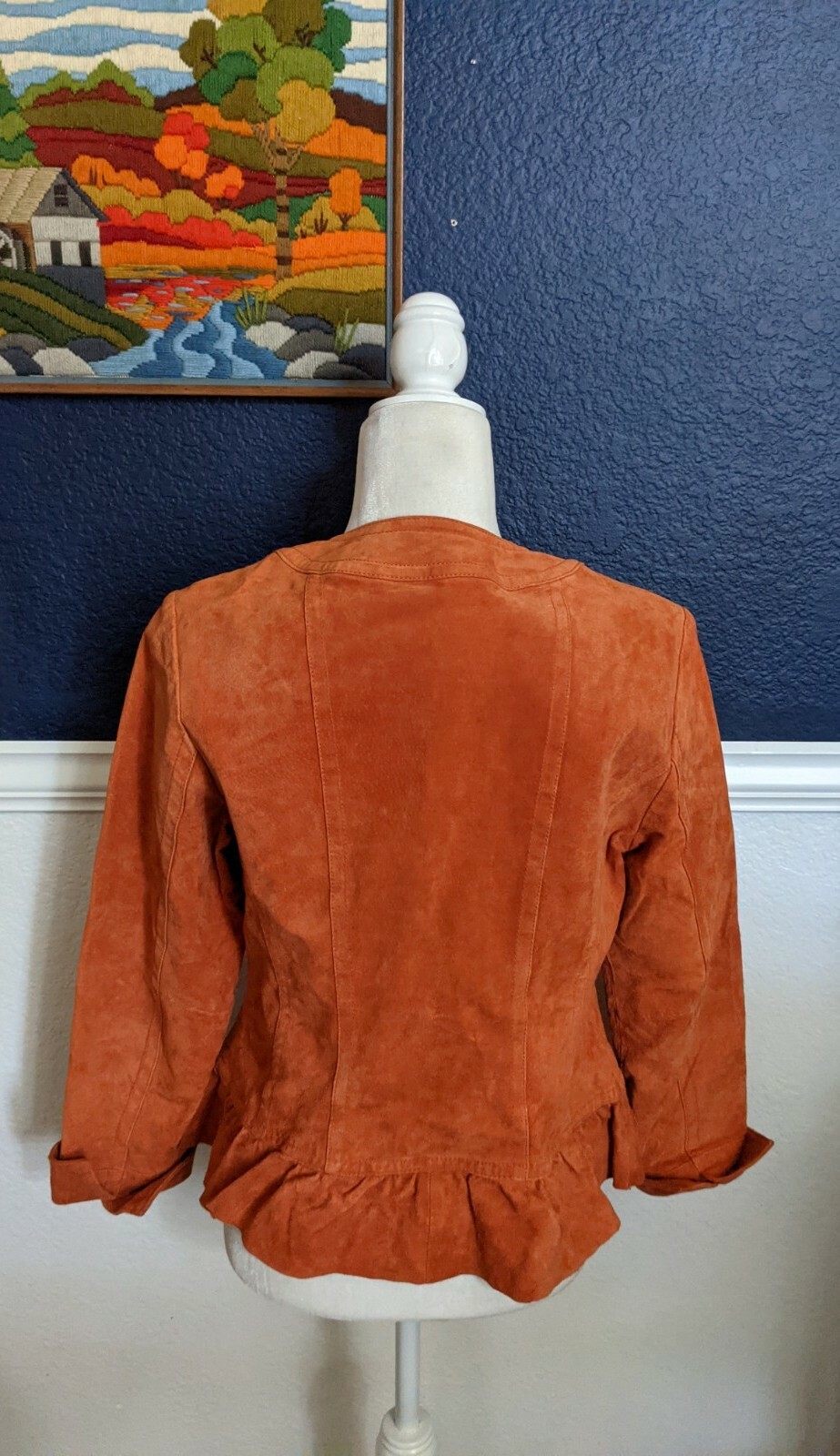 VTG Prosper & Devine Large Orange Leather Jacket Nautical Buttons Ruffle Medium