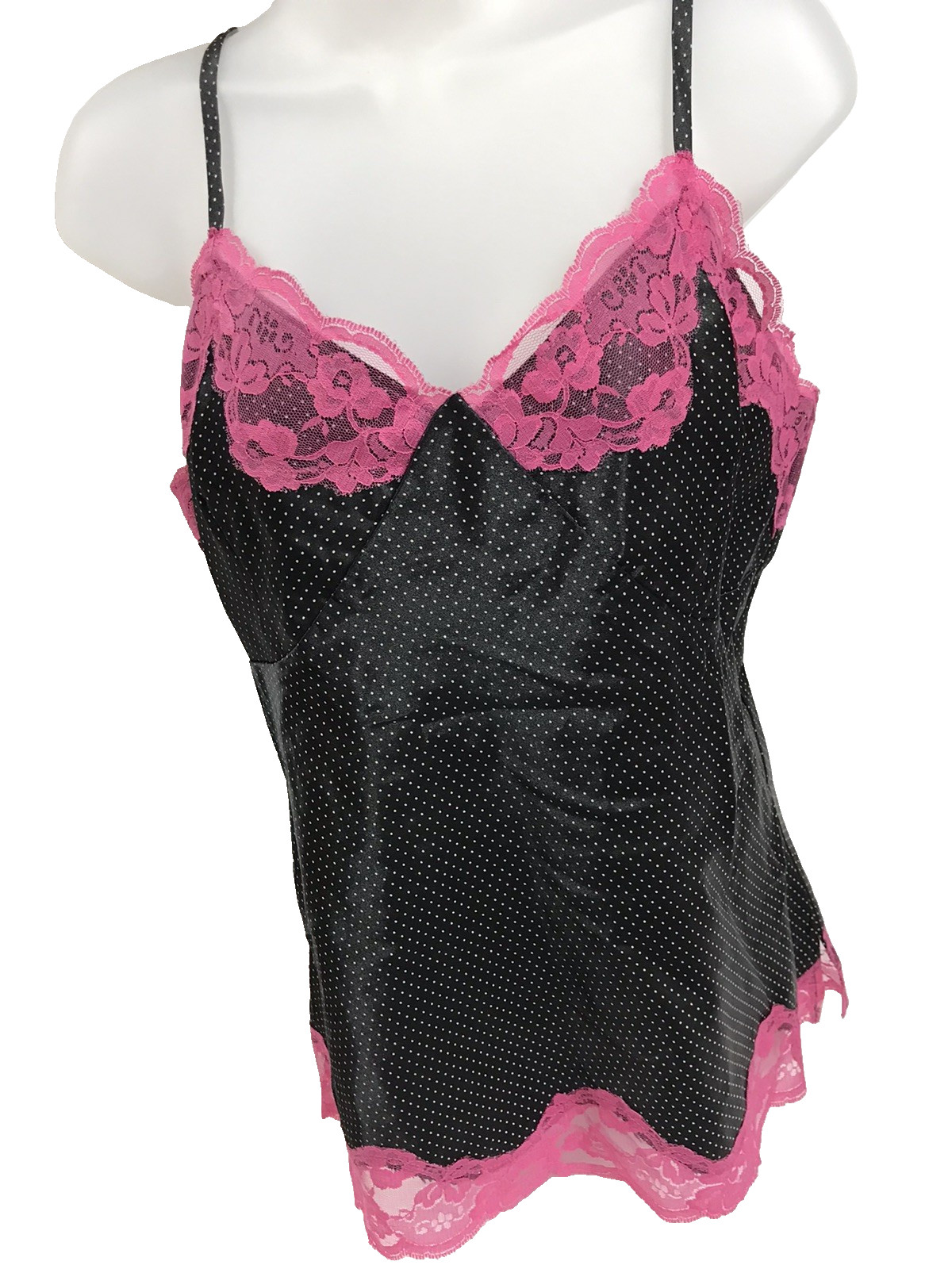 Vtg Top Pink Lace Cami babydoll black polka dot coquette XL NOS 90s Y2K