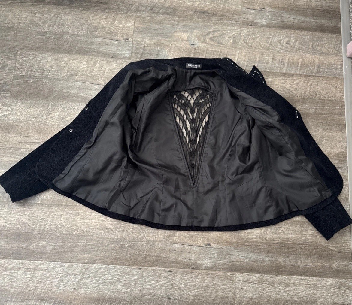 VTG Bisou Bisou Western Black Glittery Jacket Blazer Embellished Back Cut Out L