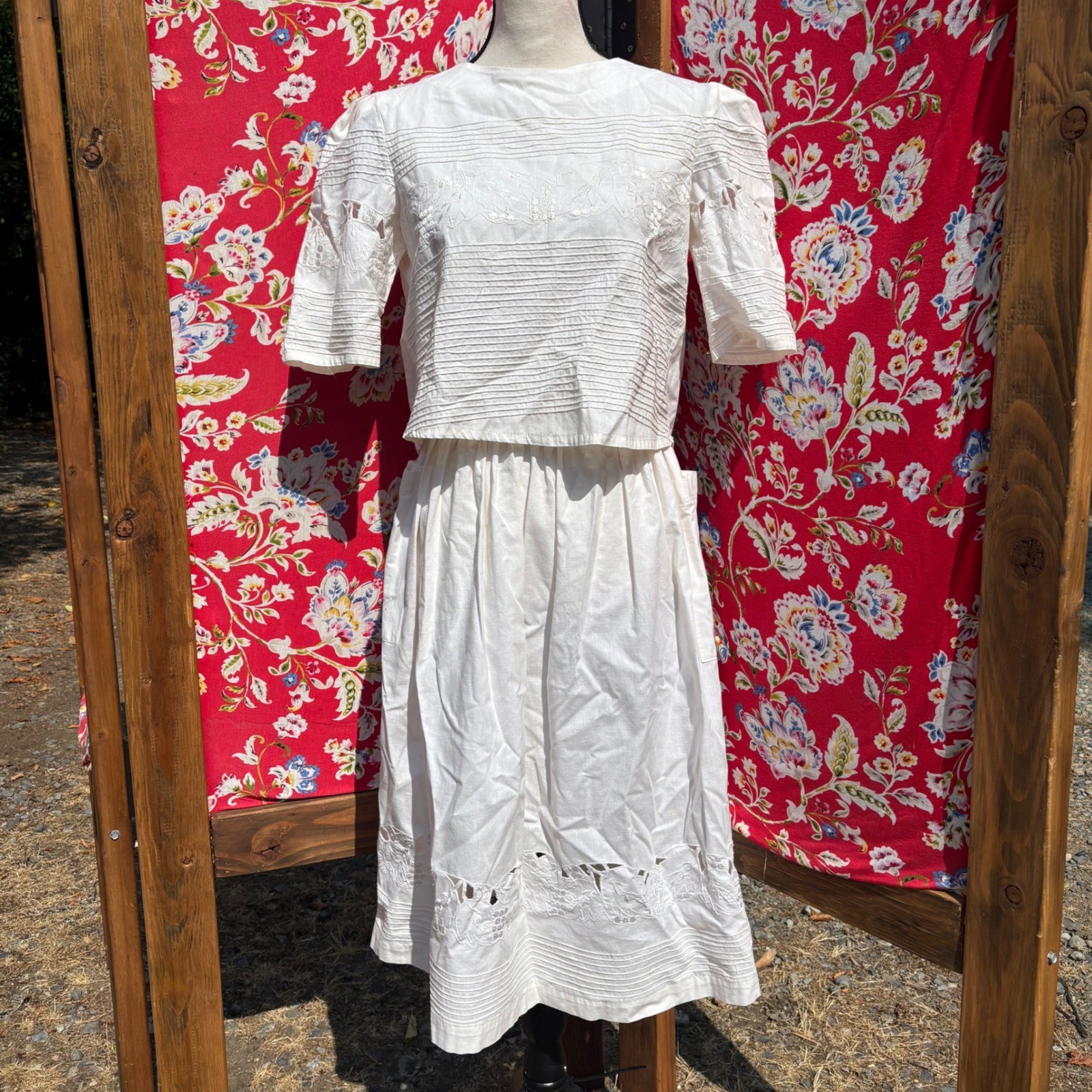Vintage 2 Piece Ivory Whimsy Coastal Cowgirl Prairie Skirt+Blouse Set Size S-M