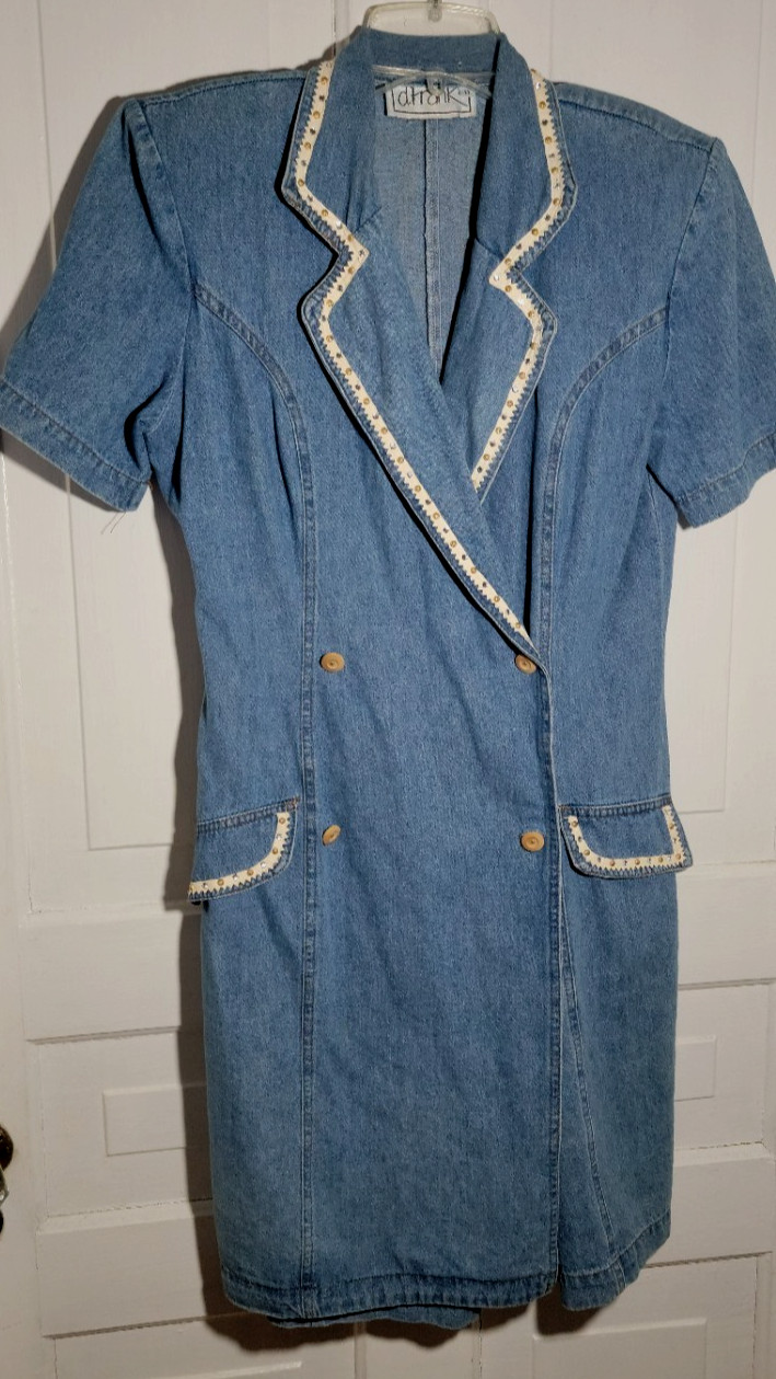 VTG D.Frank Denim Skort Romper Double Breasted Rhinestones Shoulder Pads 8 Dress