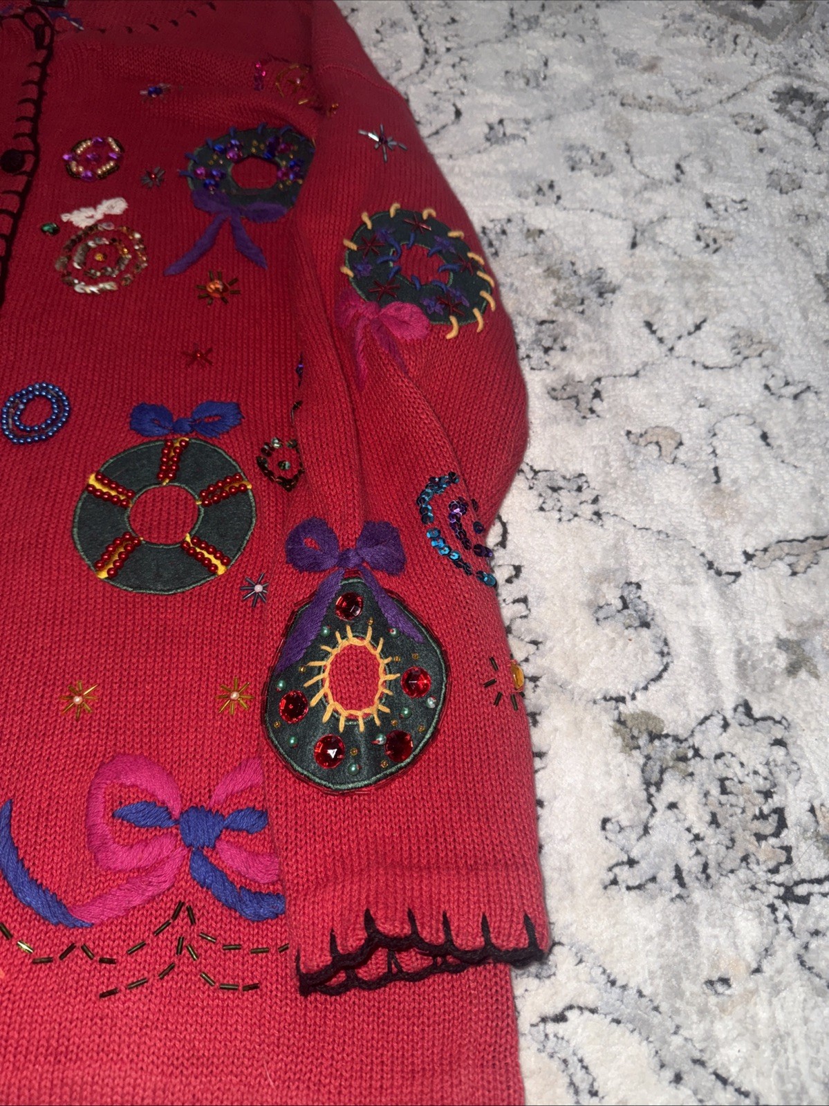 VTG Gladys Bagley Christmas Cardigan Knit SWEATER 1X Beads Rhinestone Embroidery