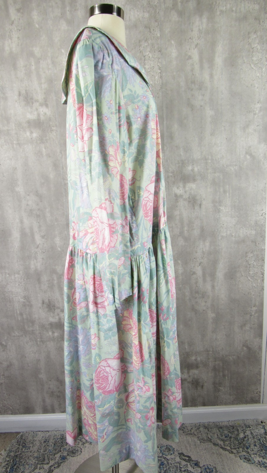 Vintage 80s Floral Drop Waist Light Green Tea Garden Midi Dress Cotton XL 2XL