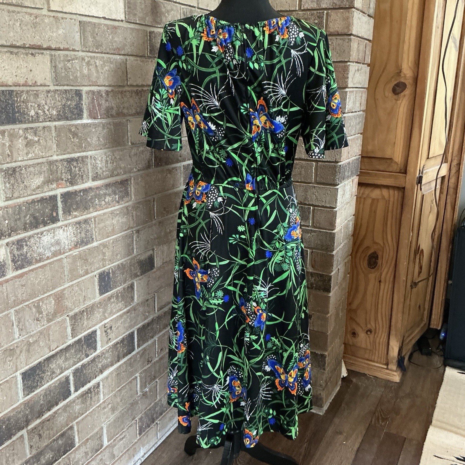 70s VINTAGE Yves Jennet Tropical Floral Midi Dress Size 14 Black Butterfly #6D6
