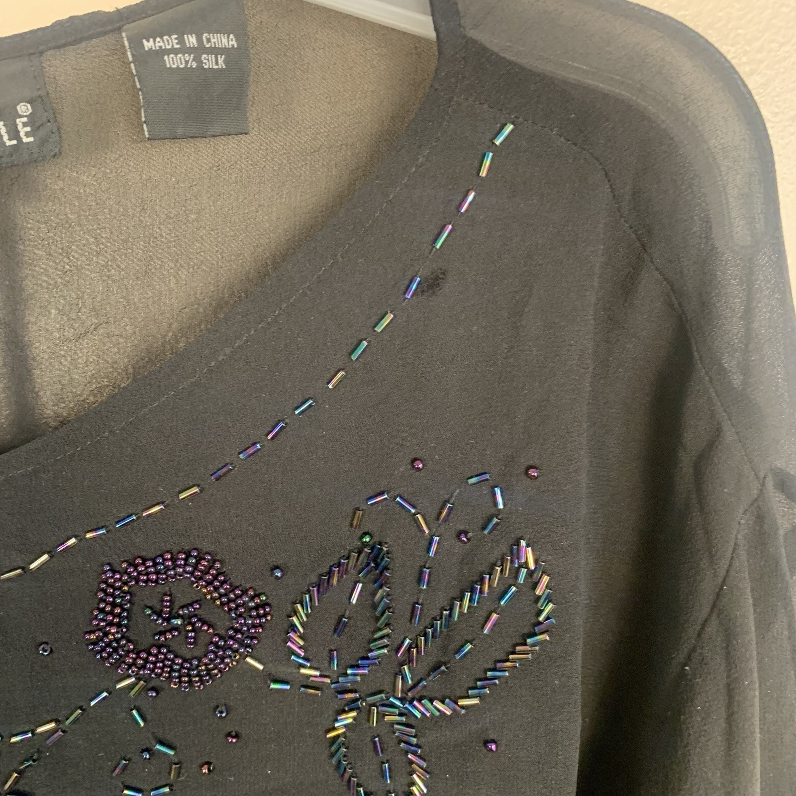 VTG Carole Little 100% Silk Sheer Beaded Blouse Black Sz 16