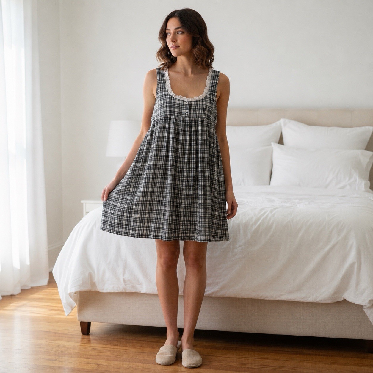 Vintage Papillon Paula Carbone Nightgown Black White Plaid Eyelet Cottagecore L