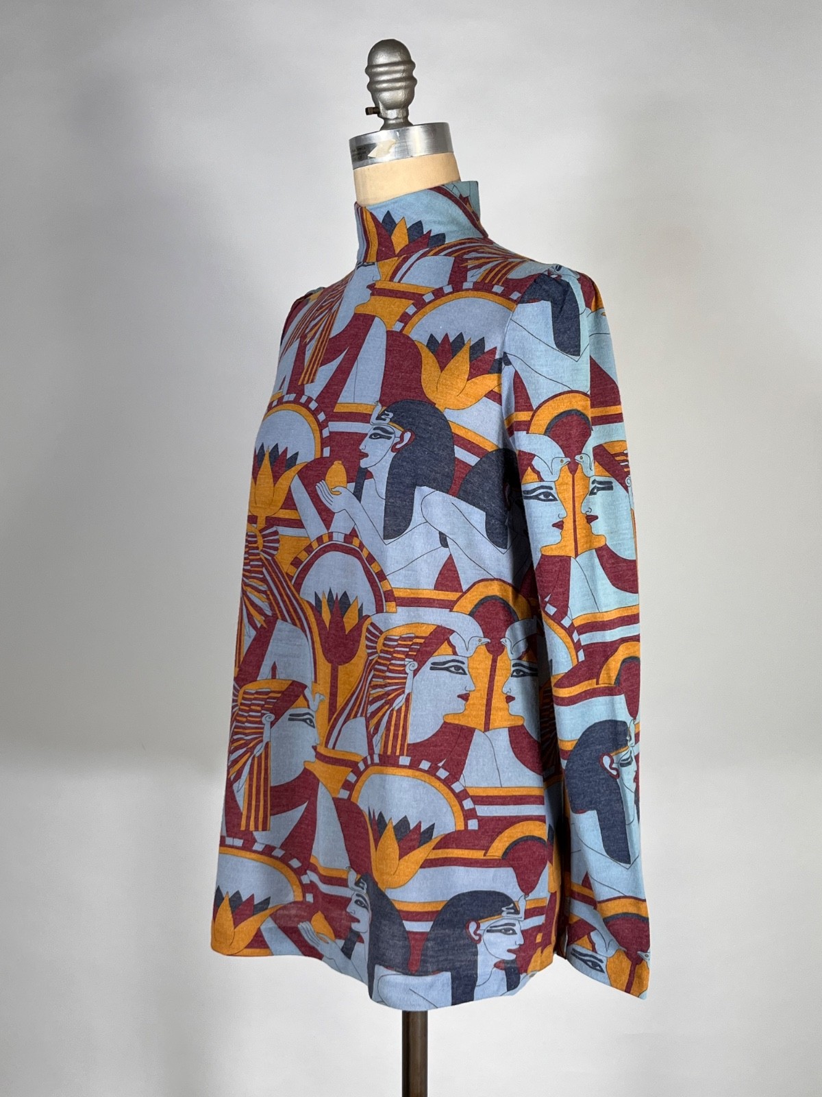 Vintage 1960’s-70’s blue EGYPTIAN print medium-weight knit top by Add 1 Ltd. S/M