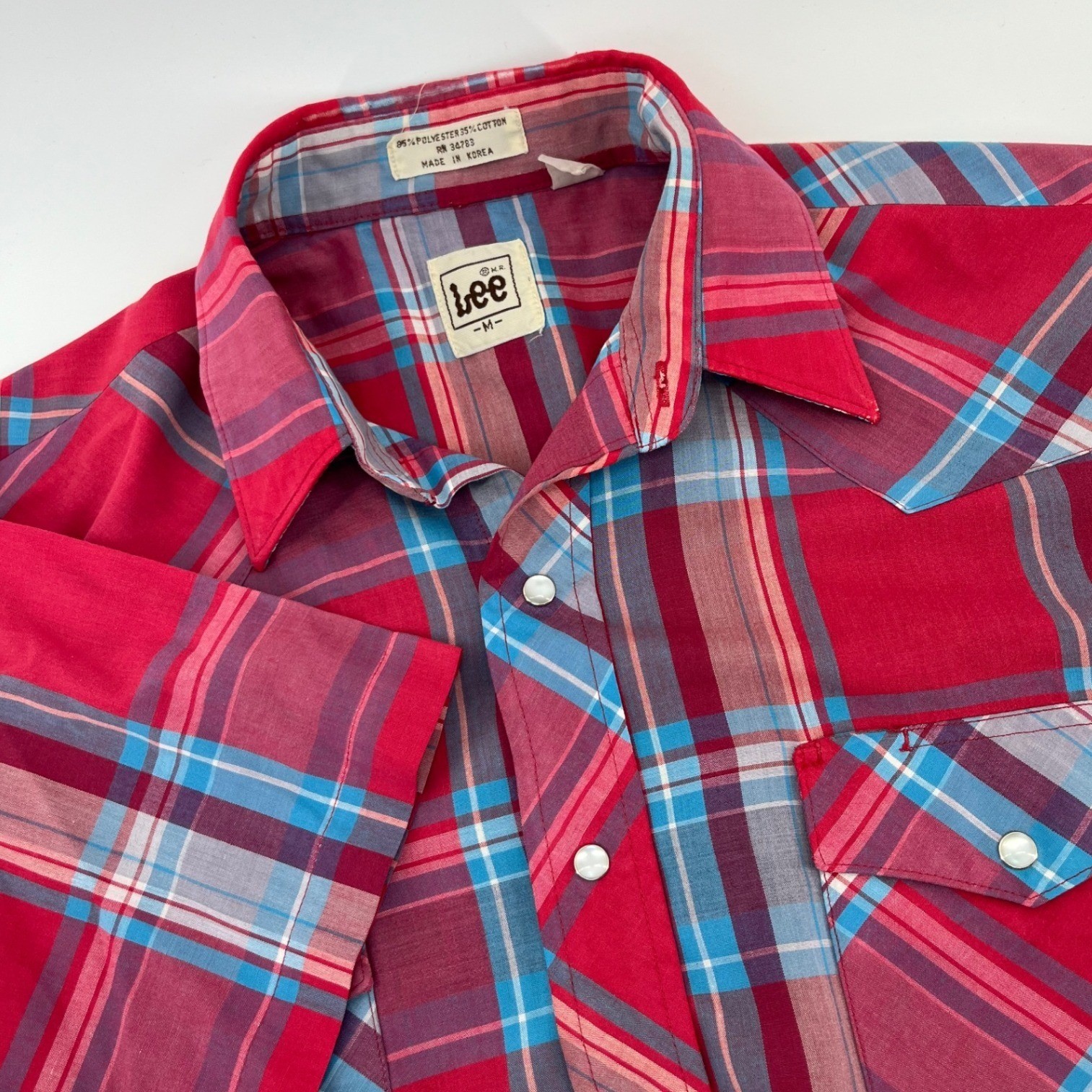 Lee Western Pearl Snap Shirt Womens M Red Plaid Vintage 80s Short Sleeve Top