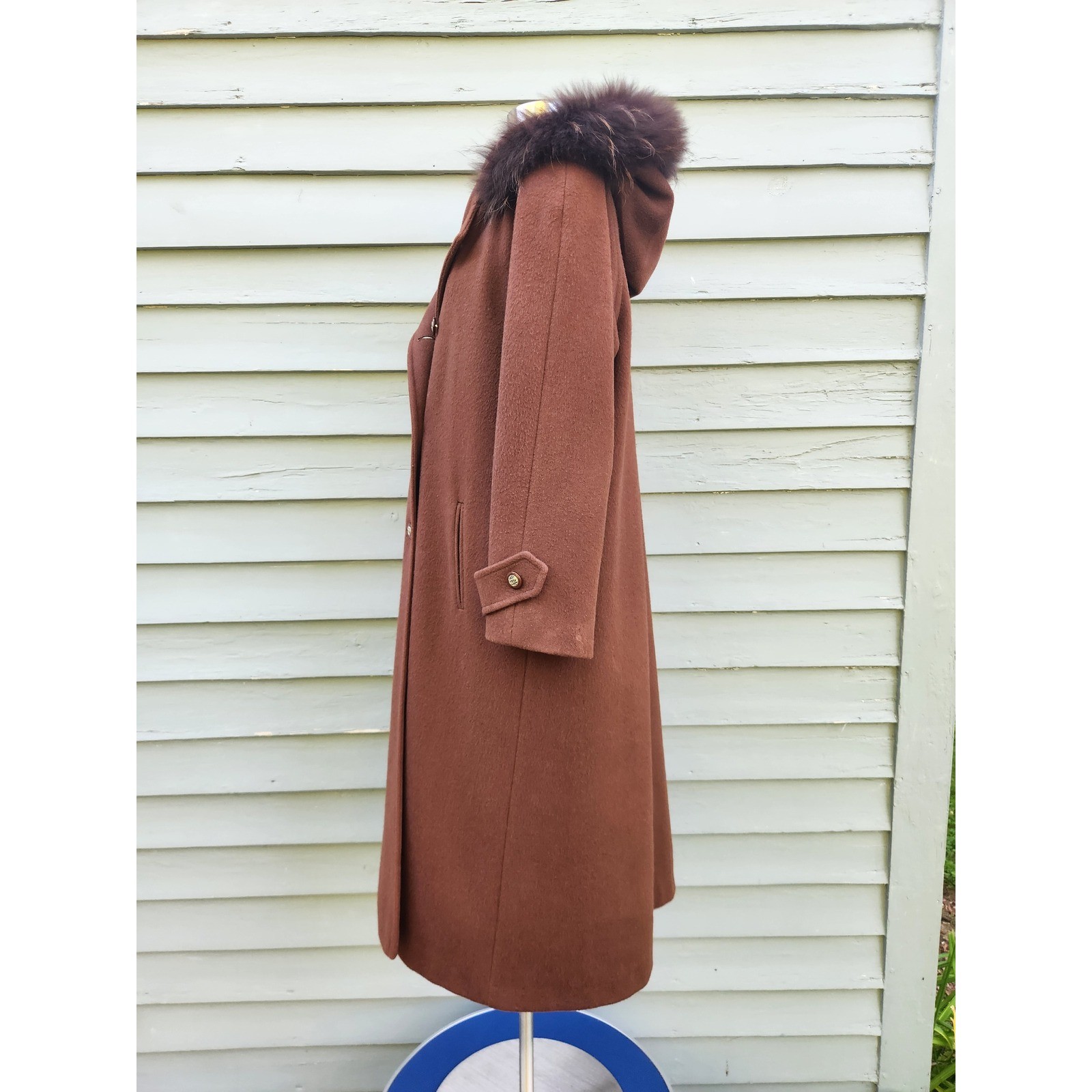 Vintage 80s Fleet Street Overcoat Brown Wool Double Breasted Fur Trim Hood 16