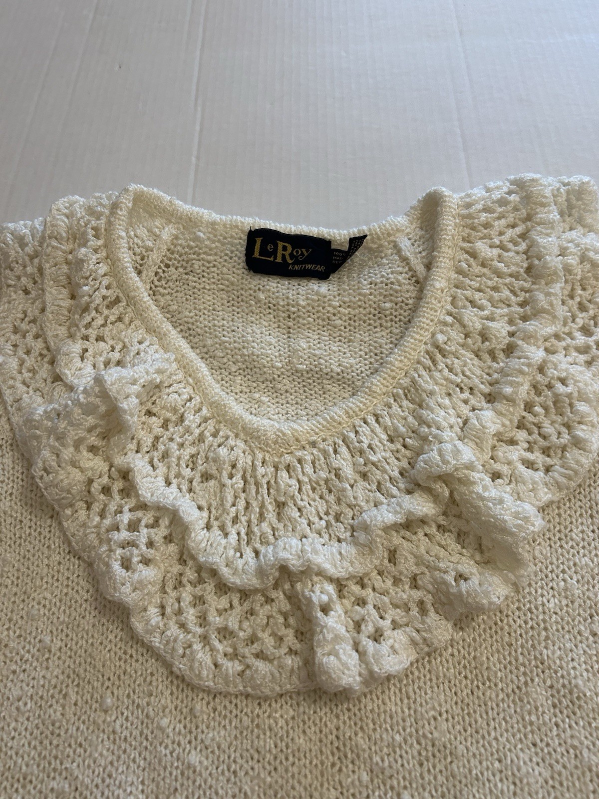 Vtg 80s LeRoy knitwear Ivory Sweater Sz Small Ruffle Crochet Cottagecore Frilly