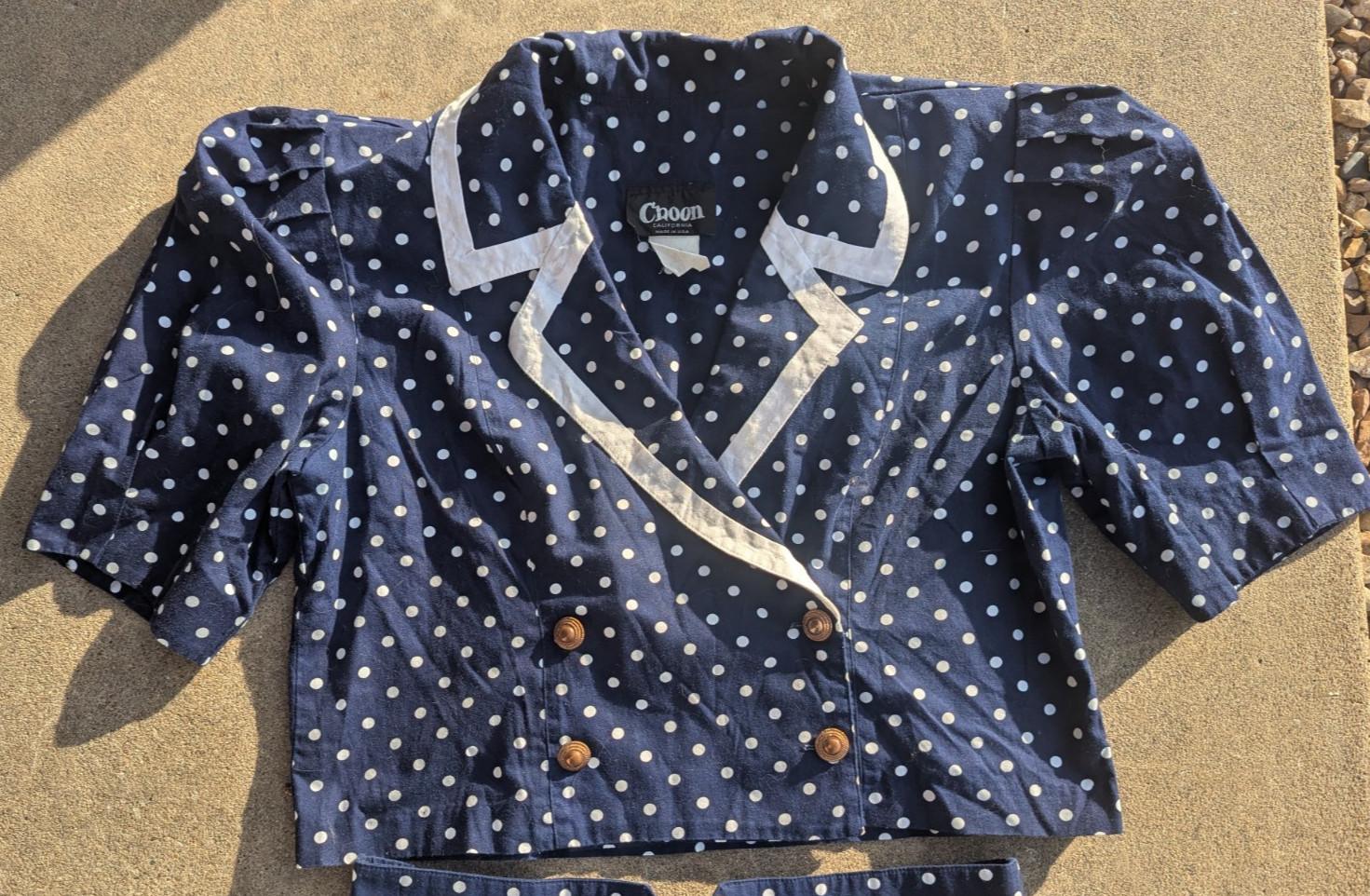 CHOON California Vtg 80s Polka Dot suit skirt short jacket Navy White sz16 EUC