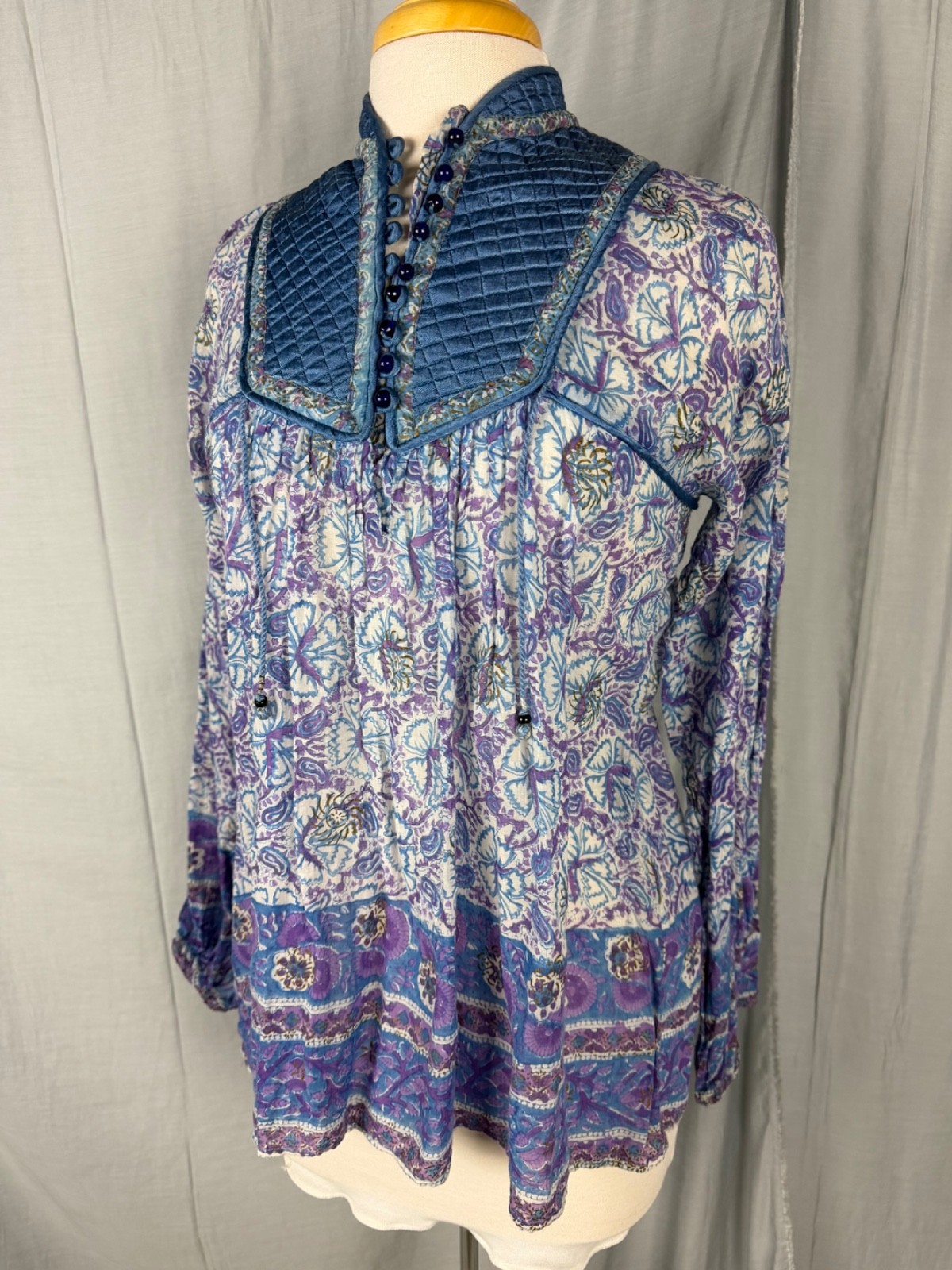 RARE STAR OF INDIA Vtg 70s Purple Blue Cotton Gauge Peasant Top-Bust 37/XS-S