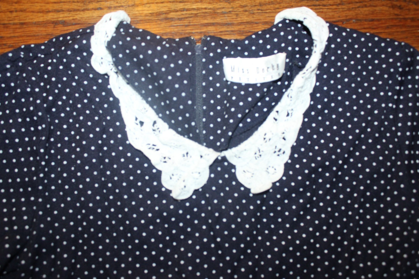 Vintage 1990s Cottage Core Grunge Miss Dorby Petites Lace Collar Polka Dot Dress
