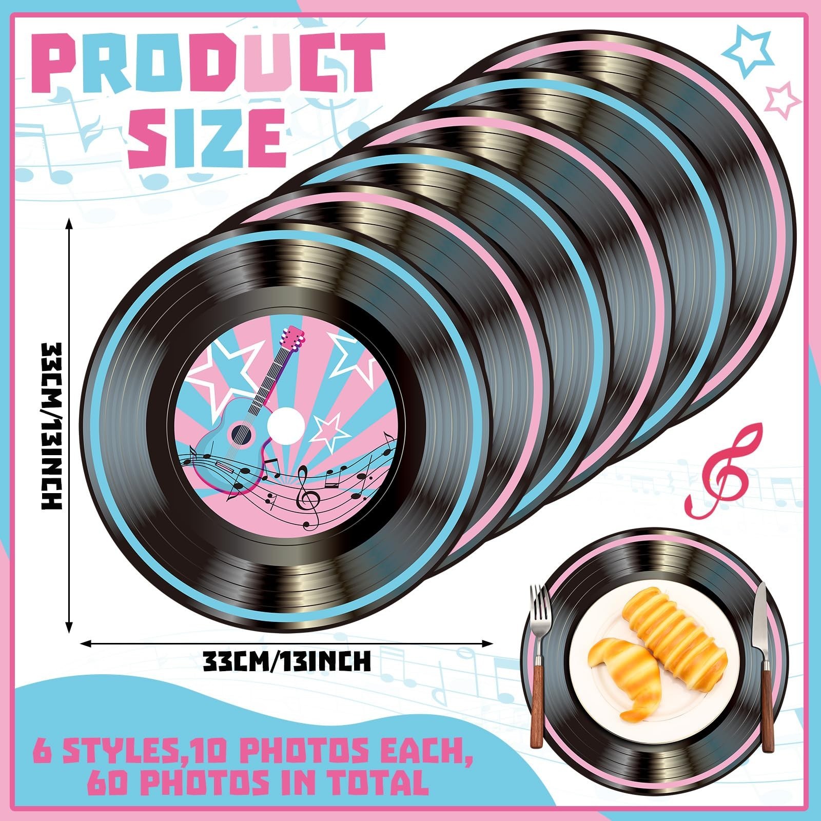 FillTouch 60 Pcs 13” 1950’s Rock and Roll Vinyl Record Placemat Vintage Musi…