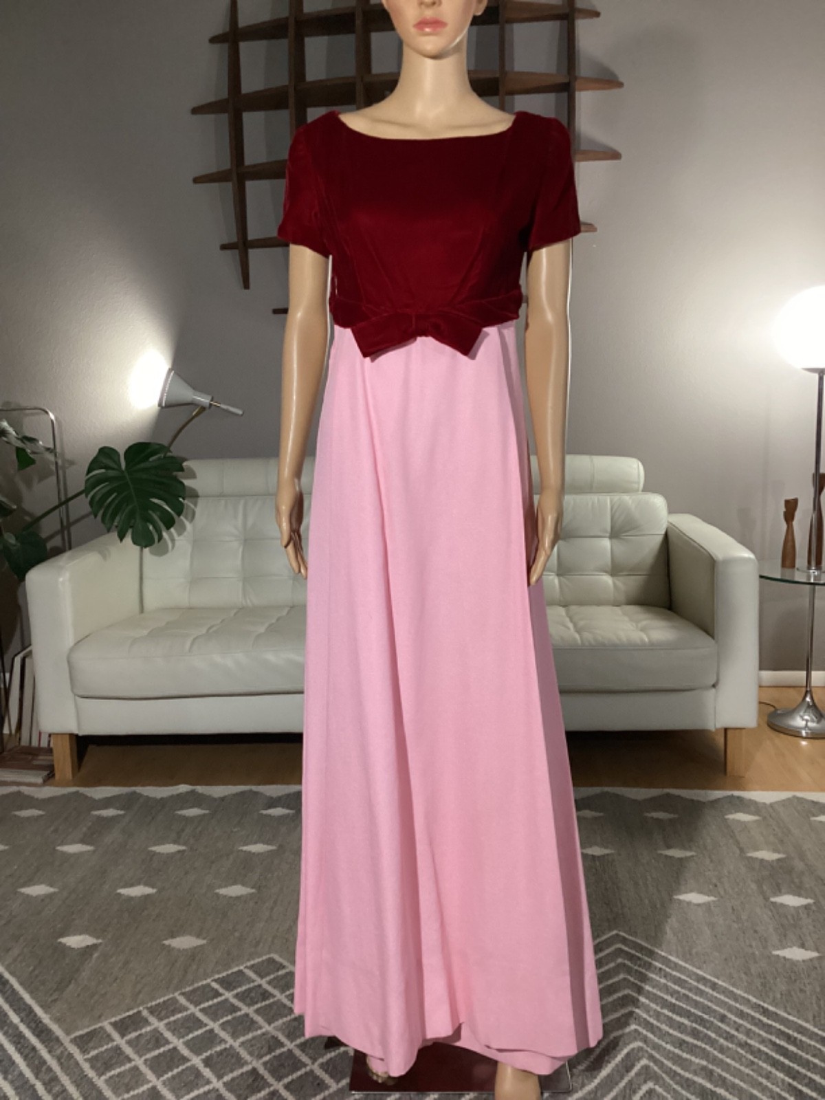 Vintage 60’s 70s Hippie Mod Maxi Dress Pink & Red Velvet Top