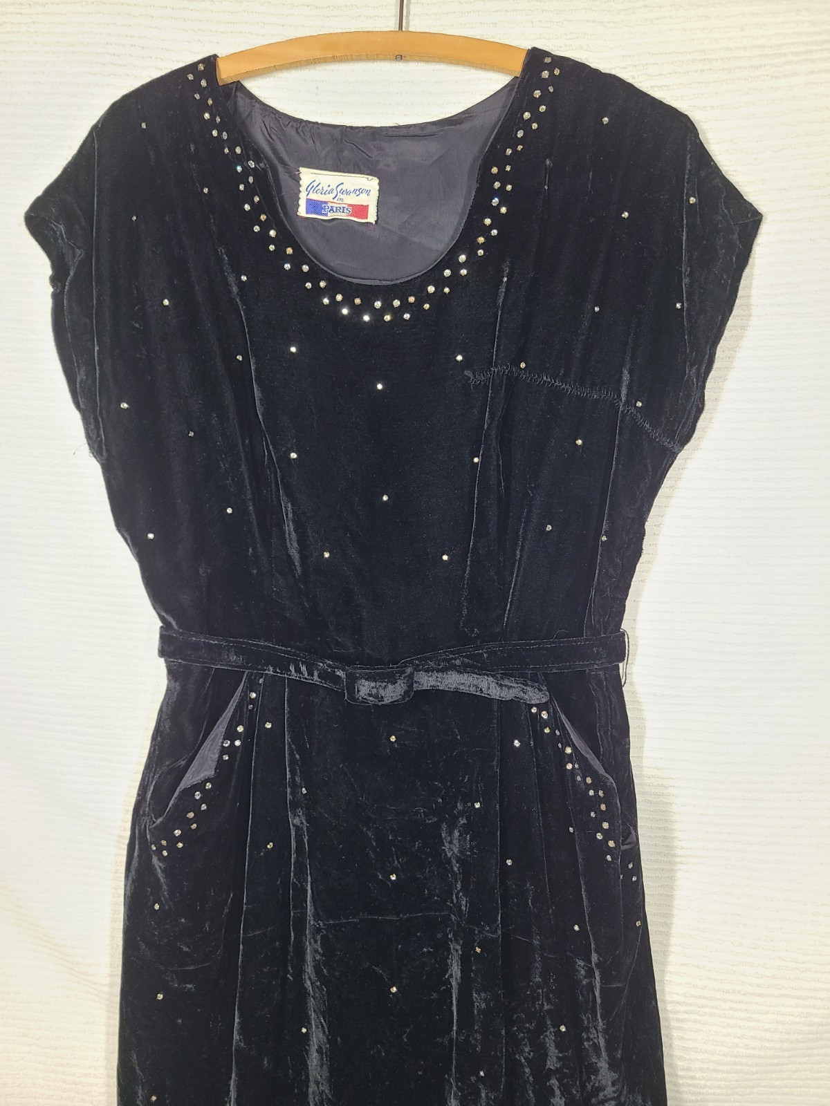 Vtg 40s Dress Black Velvet Night Sky Rhinestone wBelt Gloria Swanson Paris AsIs