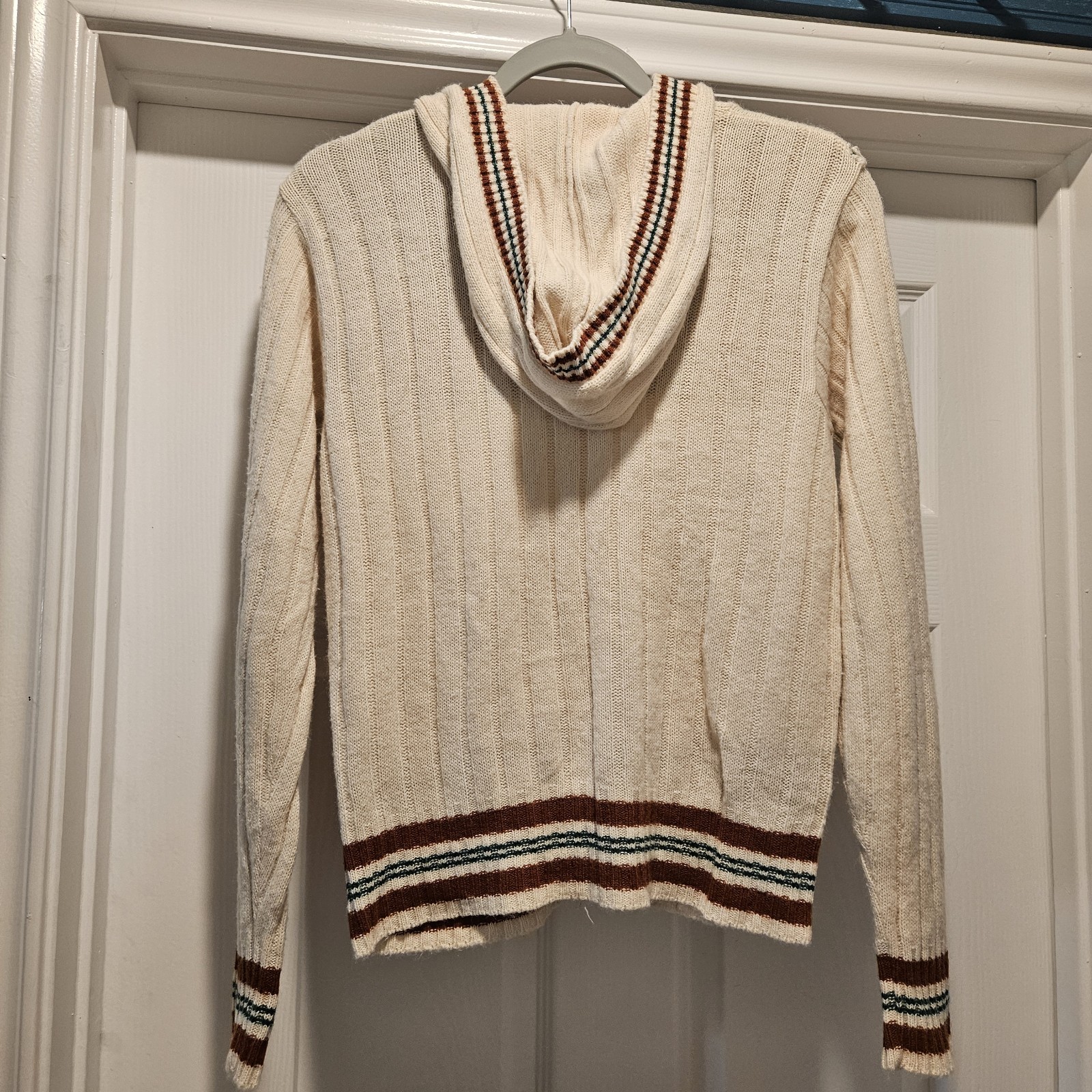 Vintage 1970s Sears Jr Bazaar Fair Isle Zip Hoodie Sweater Cream Brown Cable…