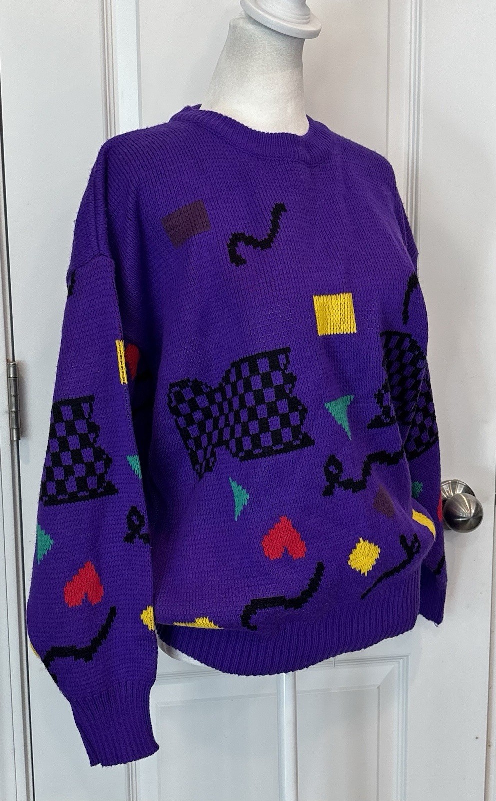 Vintage 80s Chateau Sweater M Purple Abstract Geometric Novelty Knit Colorblock