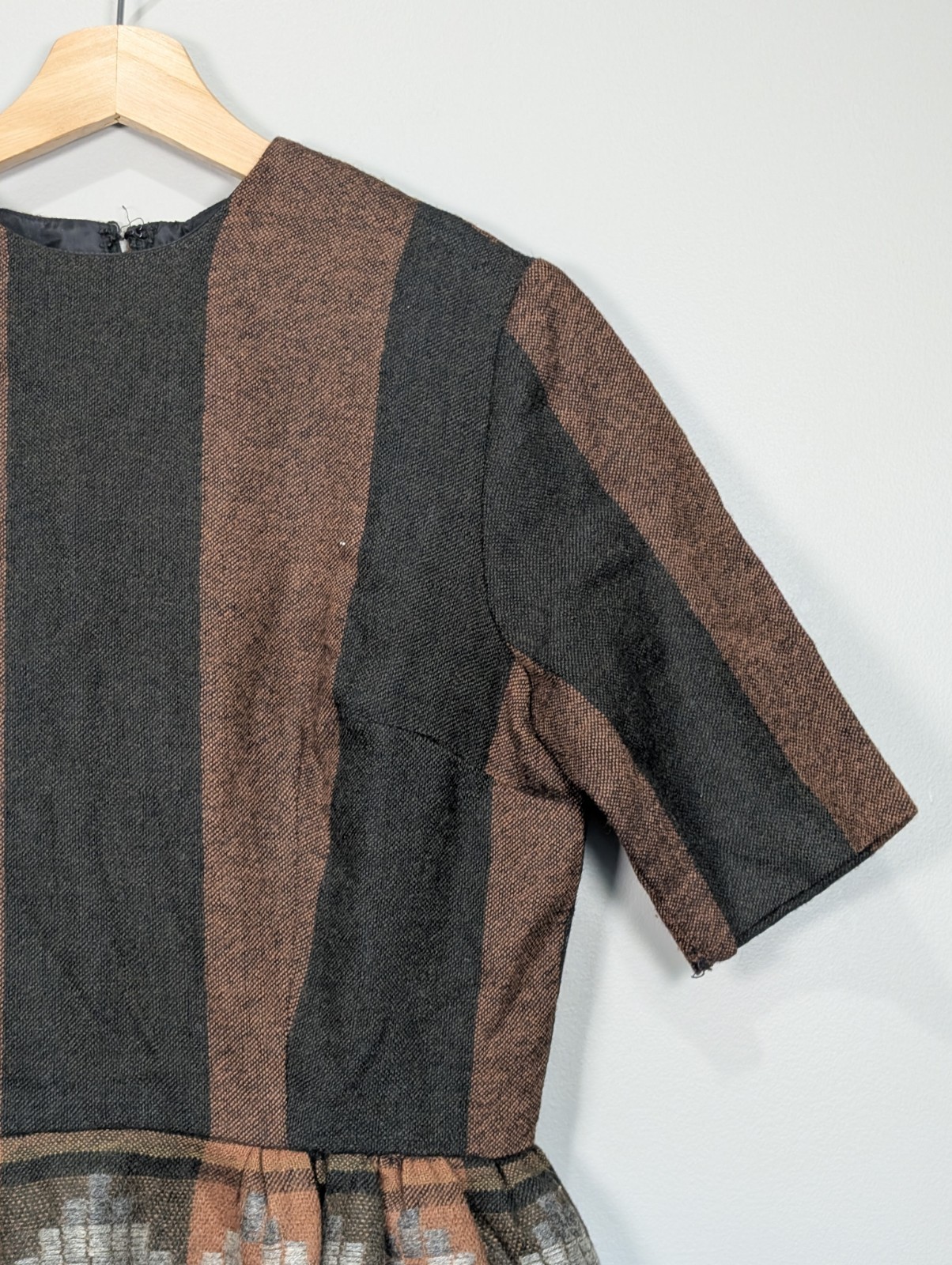 Vintage Southwestern Wool Blend Midi Dress Brown Grey Striped Geometric Waist