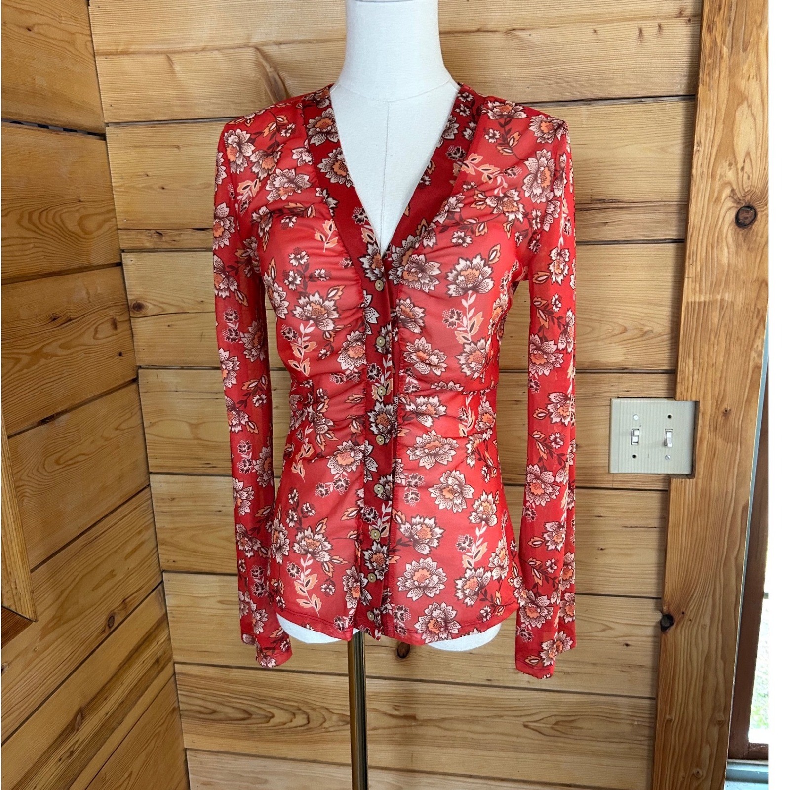 Vintage Sheer Mesh Blouse Women Large Red Floral Ruched Retro Mod 60s Hippie 90s