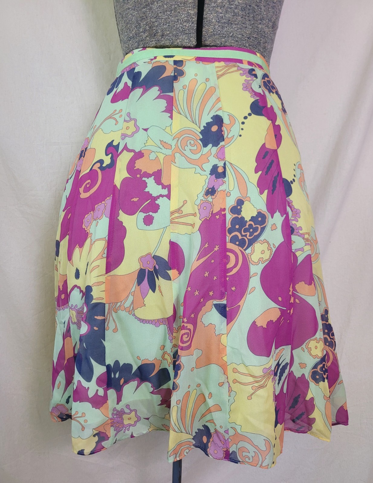 Vintage 90s Y2K Psychedelic Knee Length Skirt Silk Floral Bright Mod Gogo 10 M/L