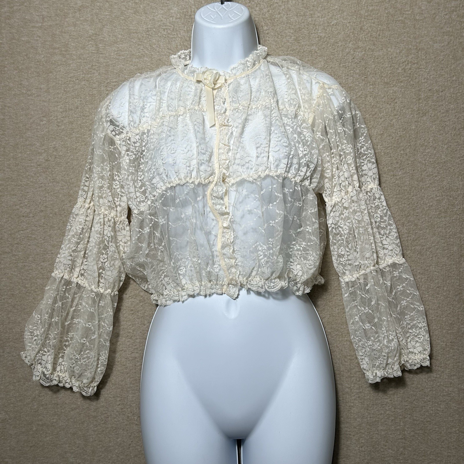 Vtg Union ILGWU Lace Top Womens Small Ivory Crop USA Stan Herman Victorian Sheer