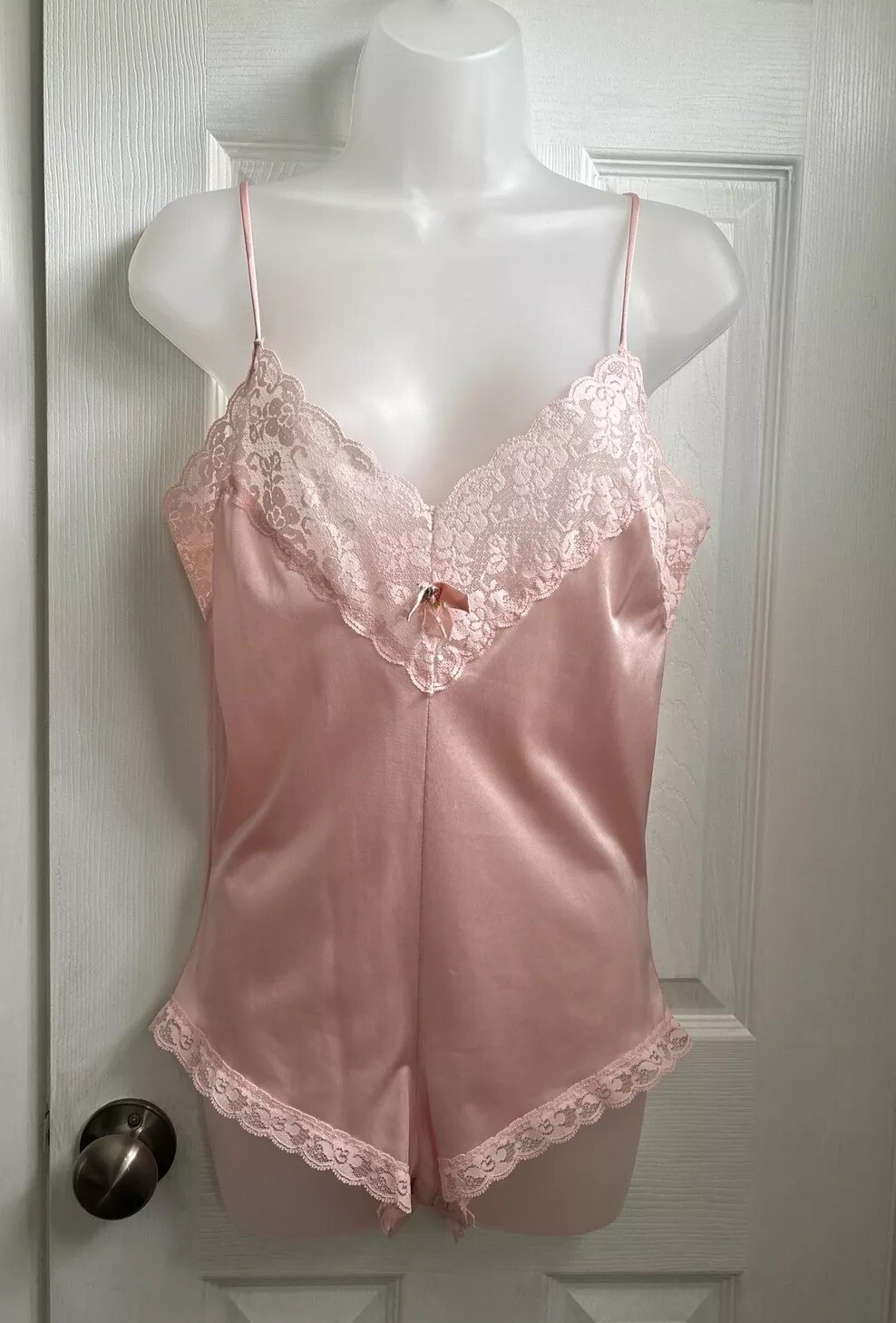 VTG Nylon Antron Satin Lace Teddy Bodysuit Playsuit Panty Sissy Romper USA Med