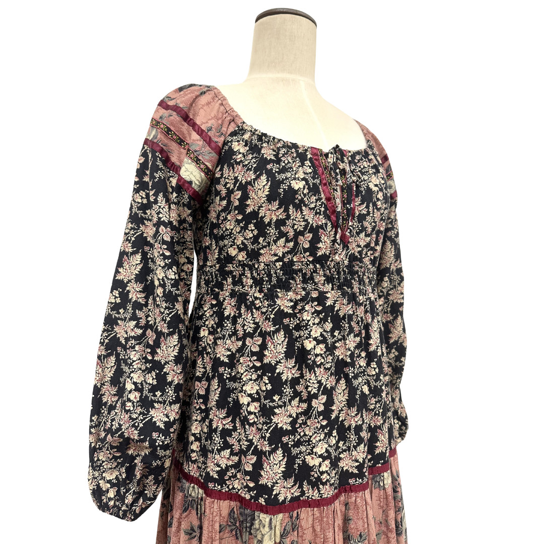 Vintage 1970s Young Edwardian by Arpeja Floral Patchwork Tiered Boho Dress