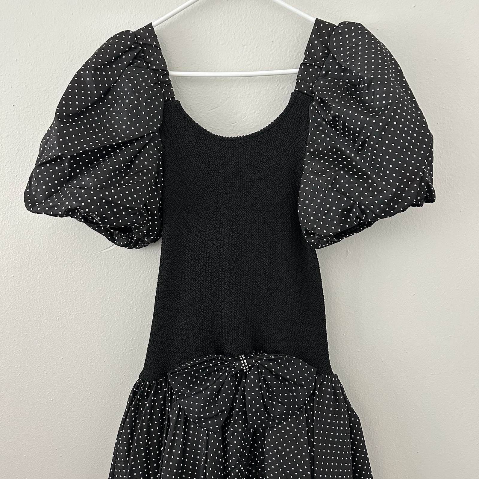 Vintage 80s Polka Dot Prom Party Dress Balloon Puff Sleeve Drop Waist Hi-Low Hem