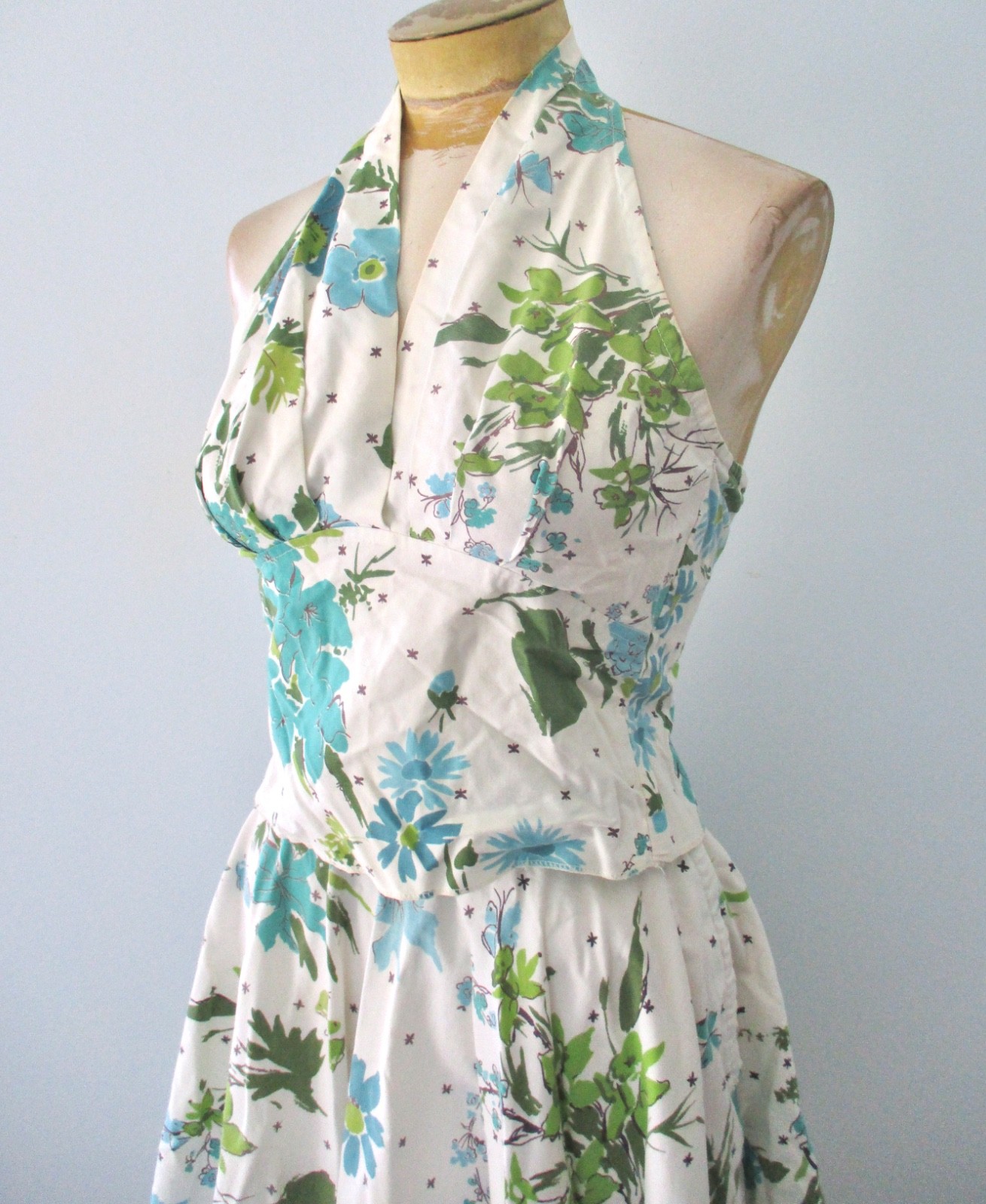 Vtg 50s 60s blue poppies 2-pc halter top circle skirt VLV bombshell set XS/S