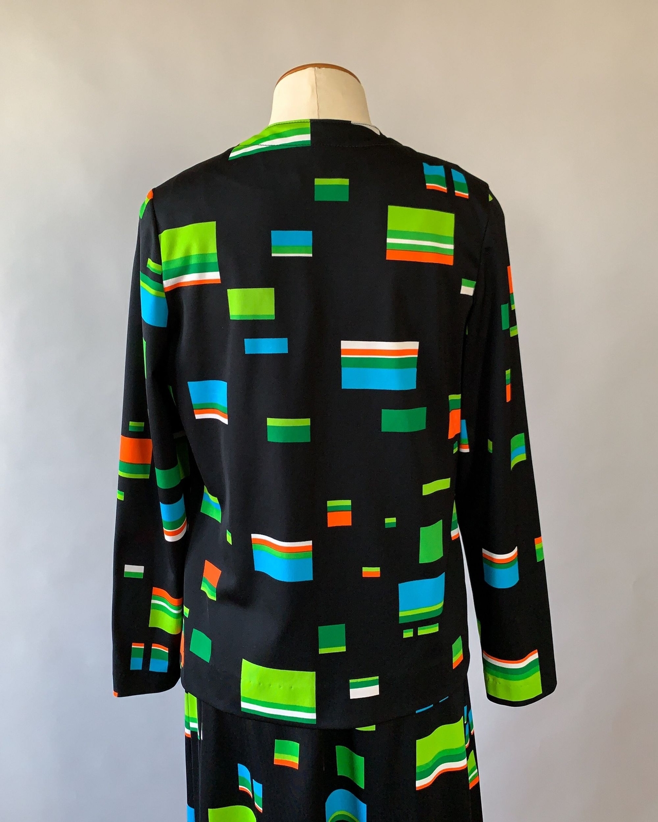 Vintage 1970s Black Green Multi Geometric Sleeveless Maxi Dress Jacket Set S M