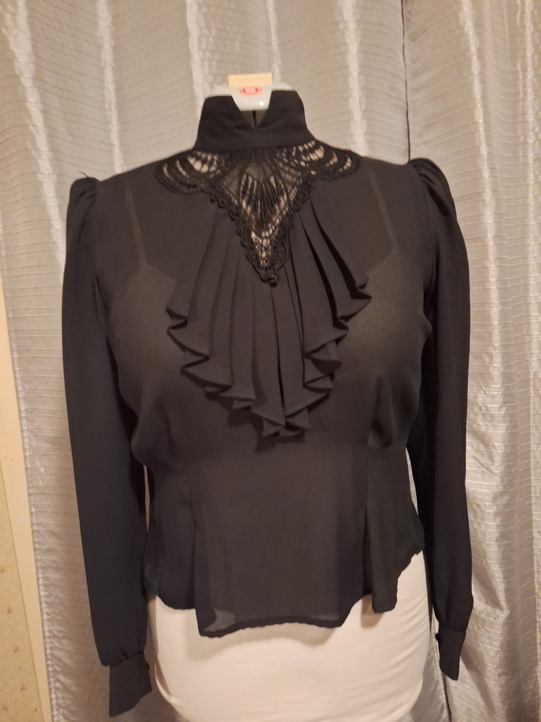 VINTAGE sheer Black Blouse S/M Victorian Style by Morgan City (1986)