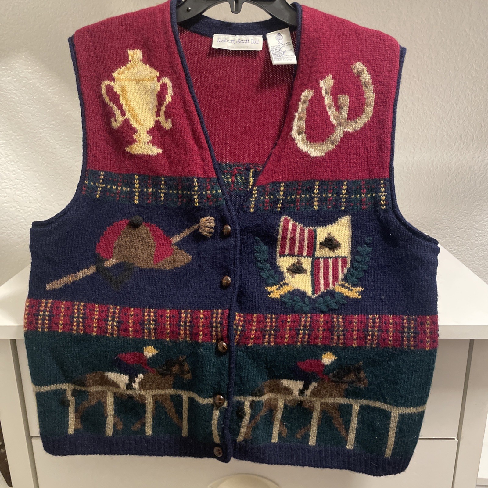 Robert Scott Ltd Vintage Wool Equestrian Horse Race Sweater Vest Navy Red Large