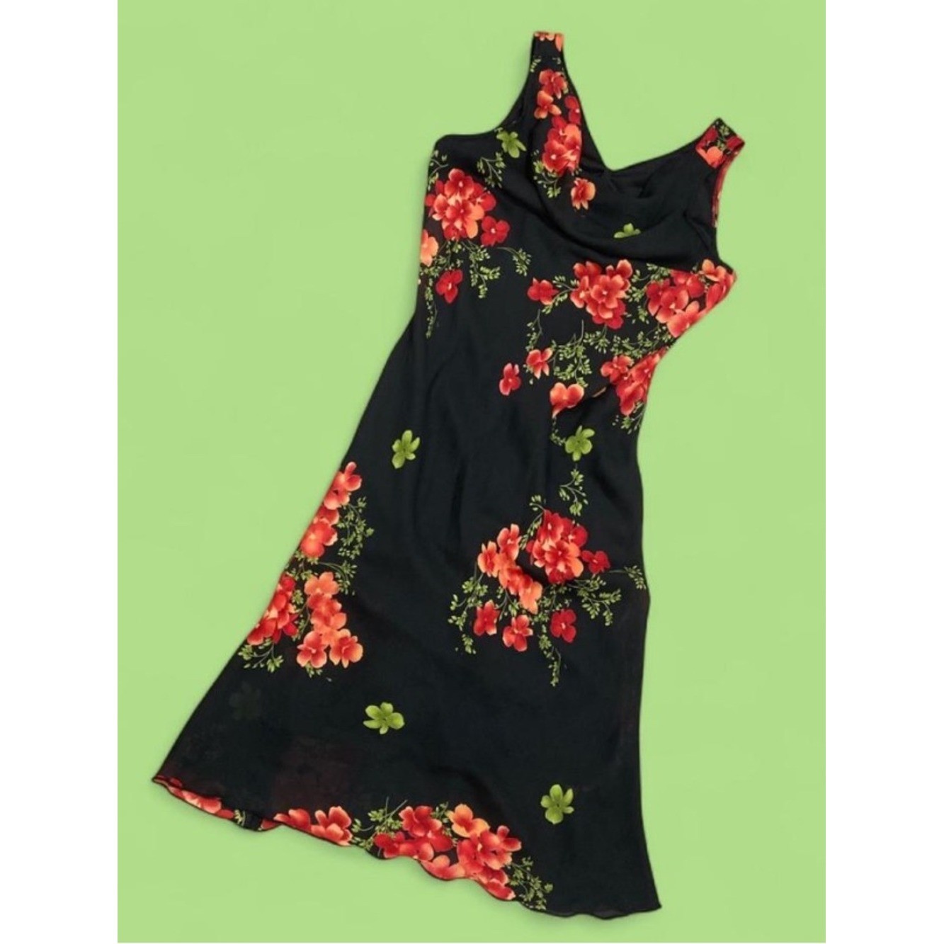 VINTAGE Reitmans floral dress cowl neck red black mesh Made In Canada 90s Y2k