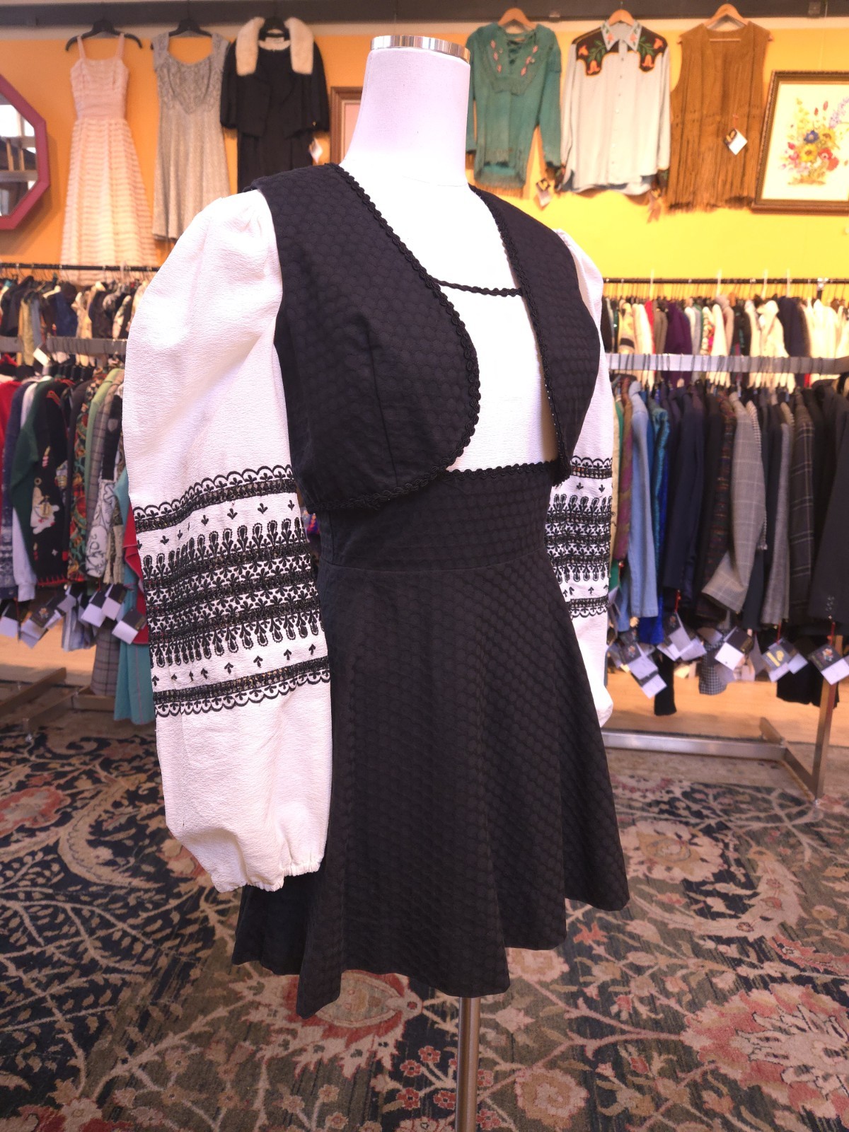 Vtg 1960s Jody California Black Embroidered Dress Prairie Folk Hippy Cottagecore
