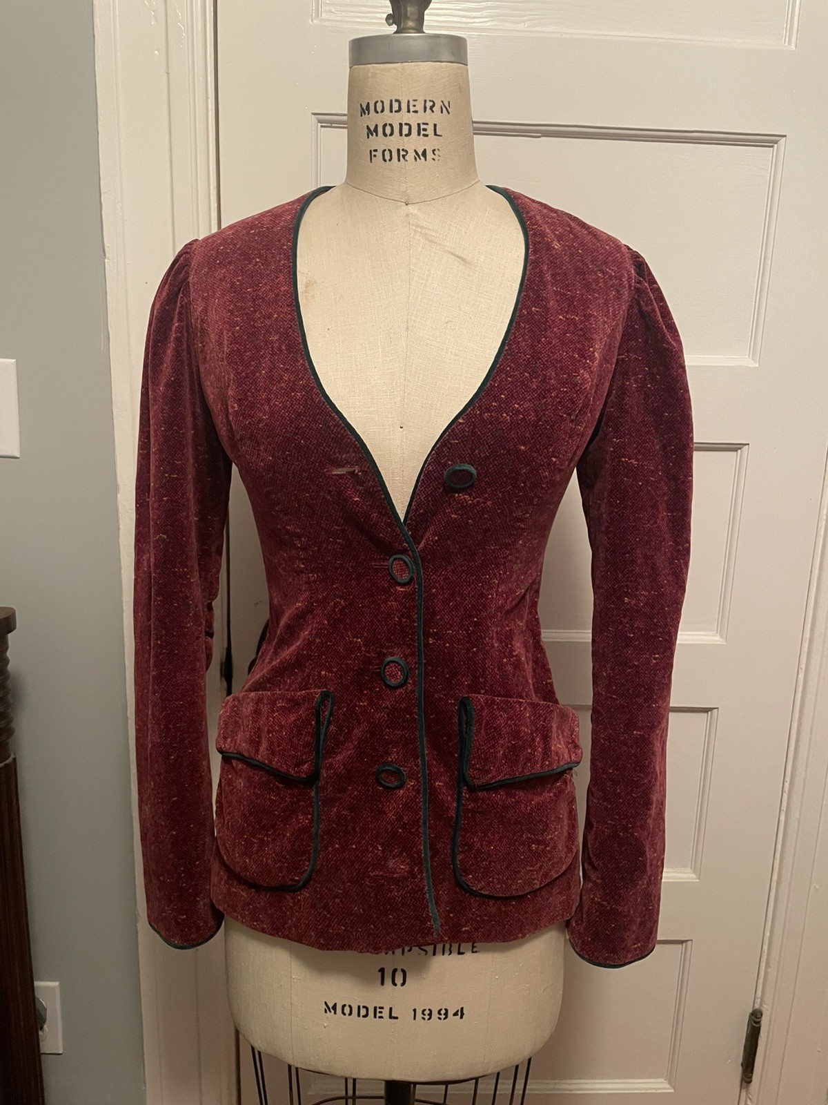Vintage 70s Womens Strawberry Plant Blazer Velveteen Burgundy Green Size 7 Small