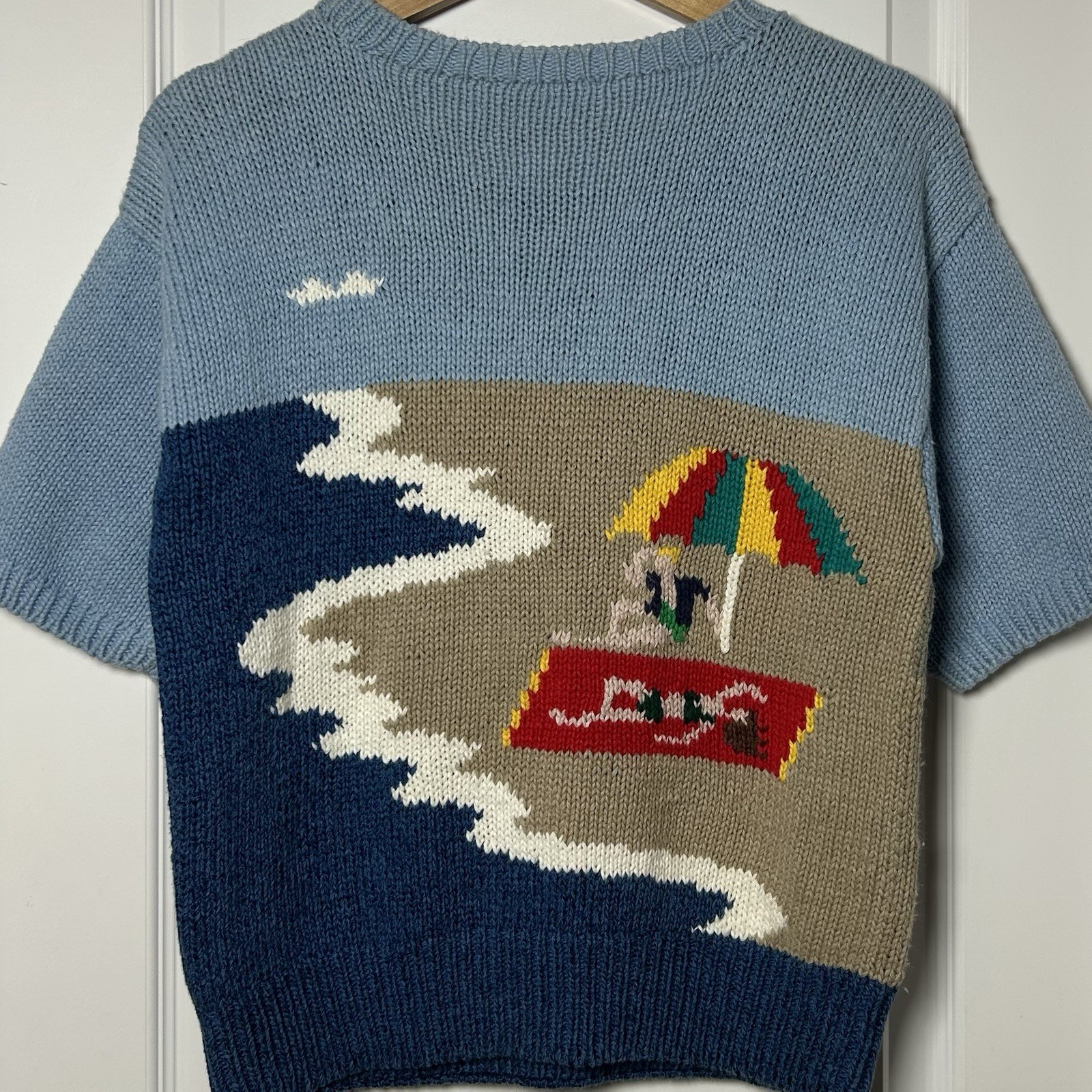 Vintage 70s Hand-Knit Intarsia Beach Scene Novelty Sweater Coastal Grandma Style
