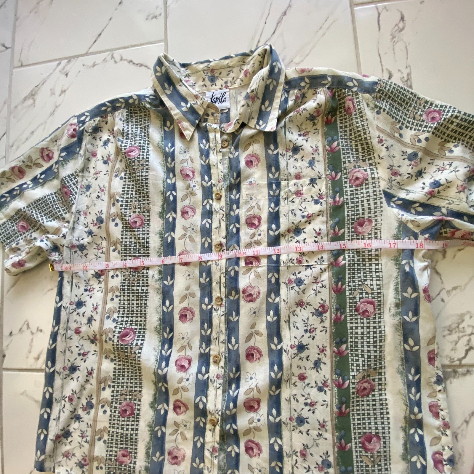 Tapsilo Vintage Womens Button Front Floral Patchwork Blouse Short Sleeve Large