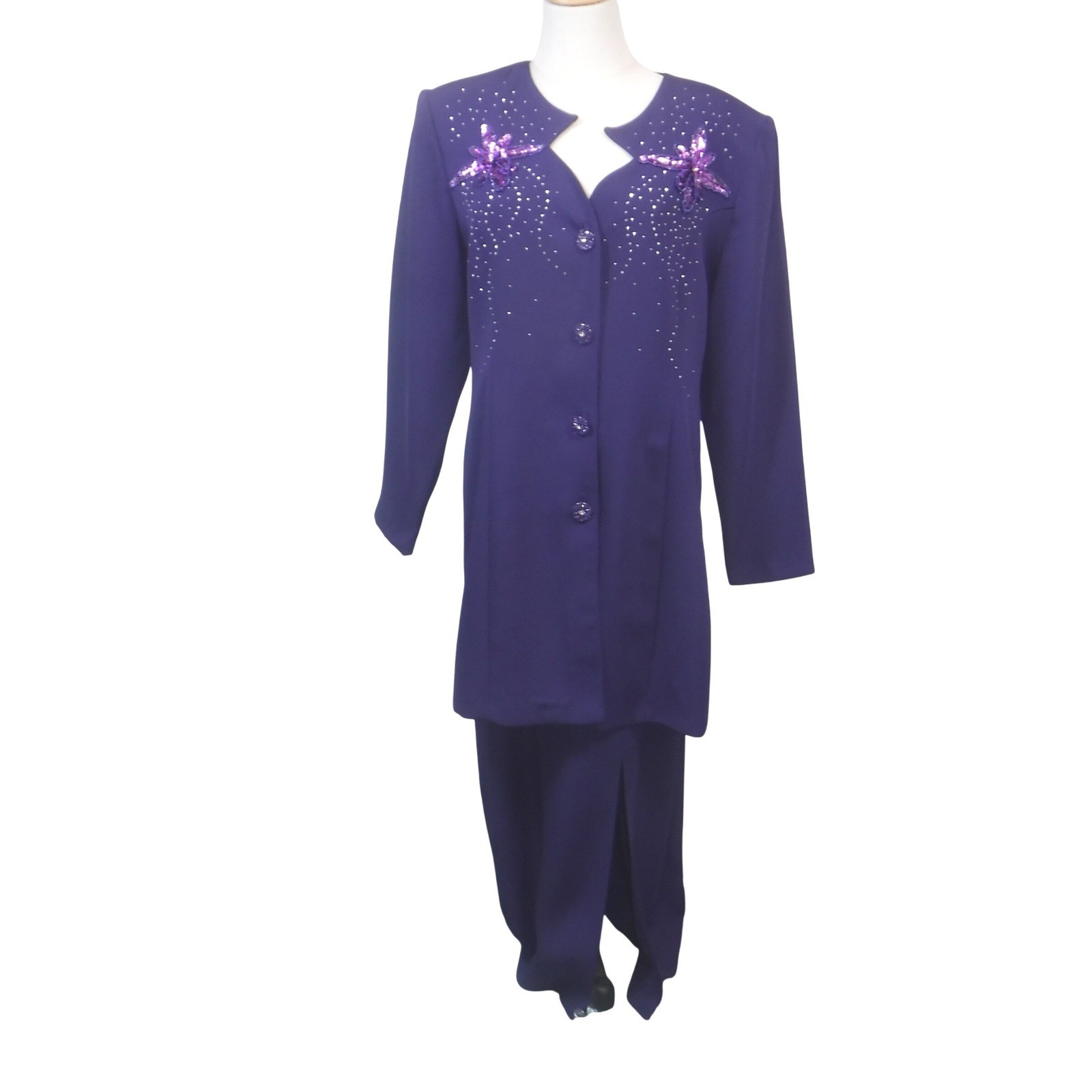 Vintage Dolce Purple Sequin Floral Longline Blazer Maxi Skirt Suit Set Size L