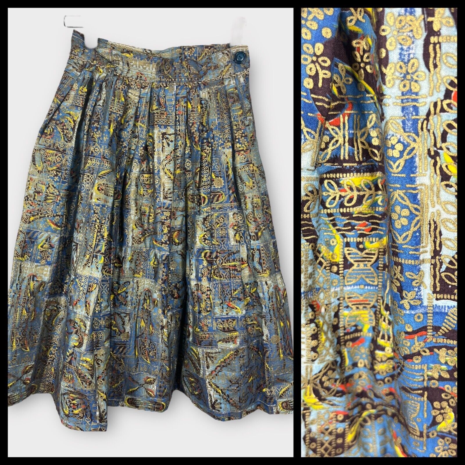 Vintage Doris Dodson Metallic Poplin Pleated Skirt XXS XS Blue Gold 50s Novelty